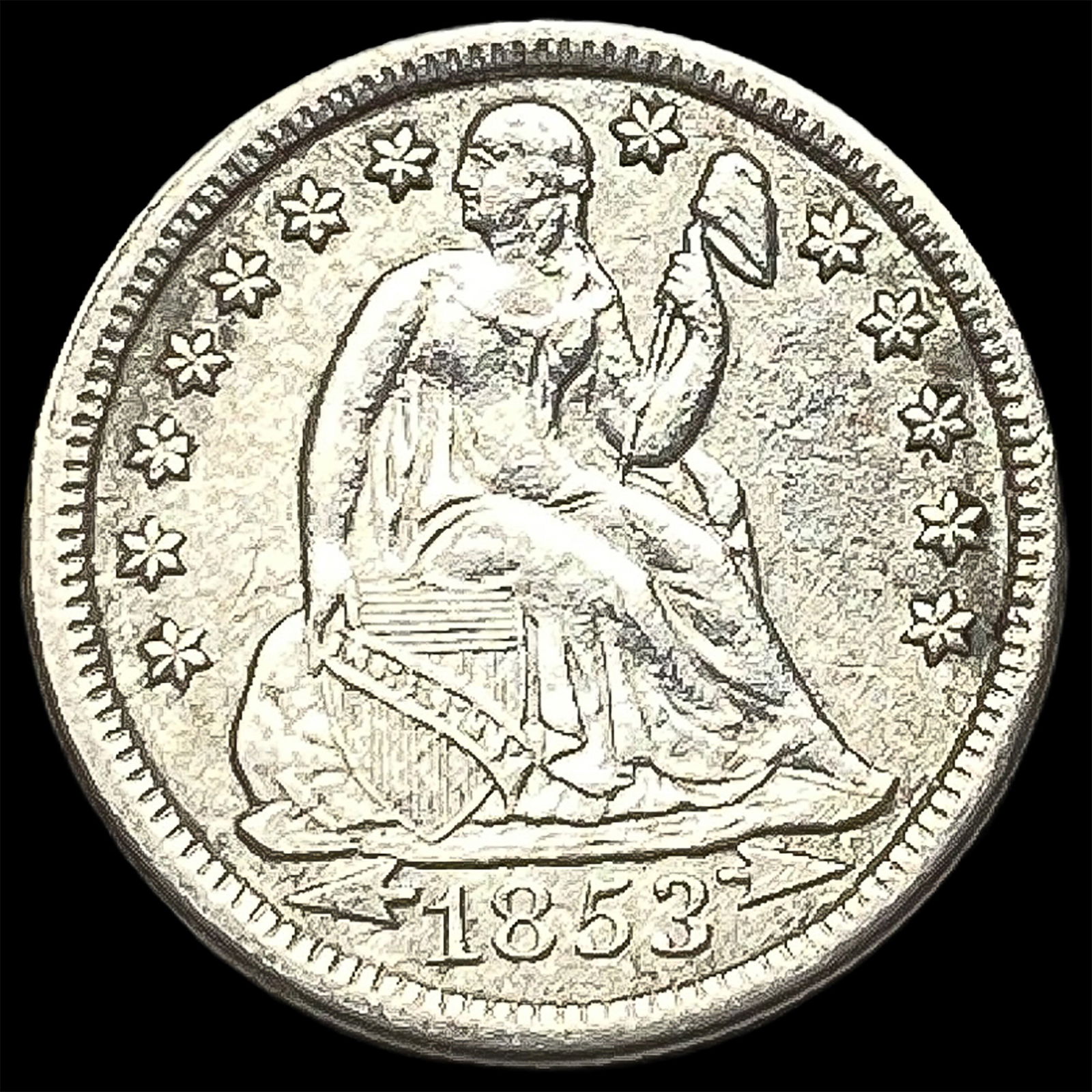 1853 Arrows Seated Liberty Dime CLOSELY UNCIRCULATED: 1853 Arrows Seated Liberty Dime CLOSELY UNCIRCULATED