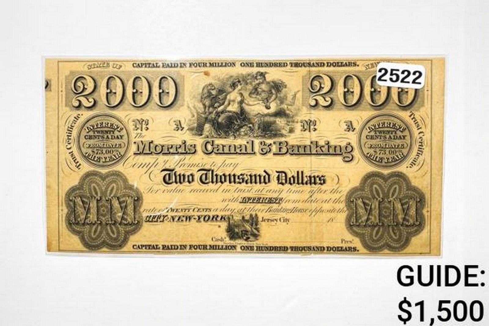1830's $2000 Large Morris Canal & Banking Note-NJ (1 of 2)