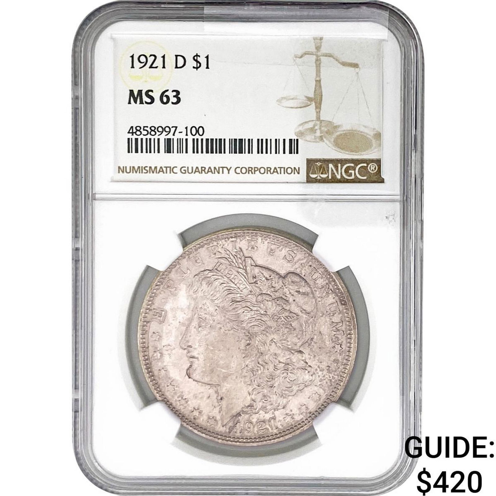 1921-D Morgan Silver Dollar NGC MS63: 1921-D Morgan Silver Dollar NGC MS63