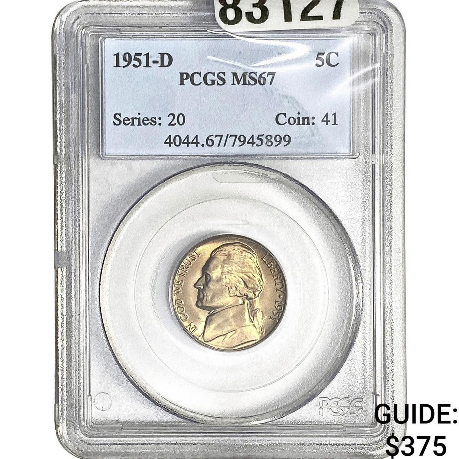 1951-D Jefferson Nickel PCGS MS67: 1951-D Jefferson Nickel PCGS MS67