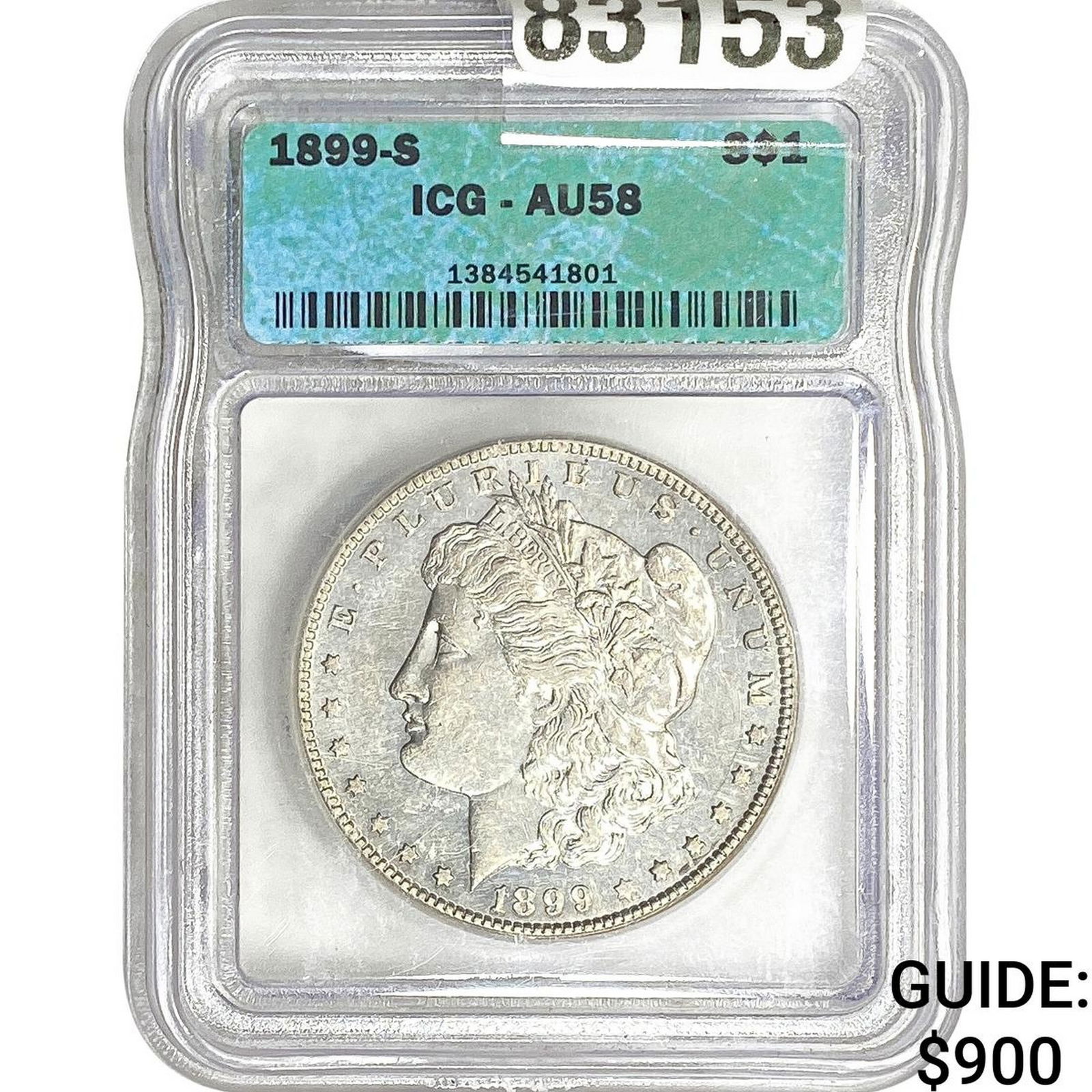 1899-S Morgan Silver Dollar ICG AU58: 1899-S Morgan Silver Dollar ICG AU58
