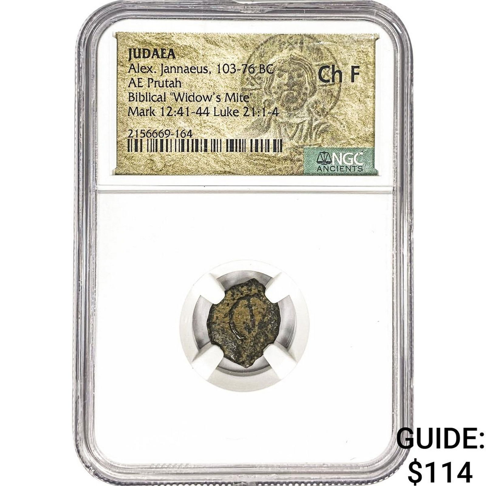 Judaea Alex Jannaeus 103-76 BC Bronze Prutah NGC CH F: Judaea Alex Jannaeus 103-76 BC Bronze Prutah NGC CH F