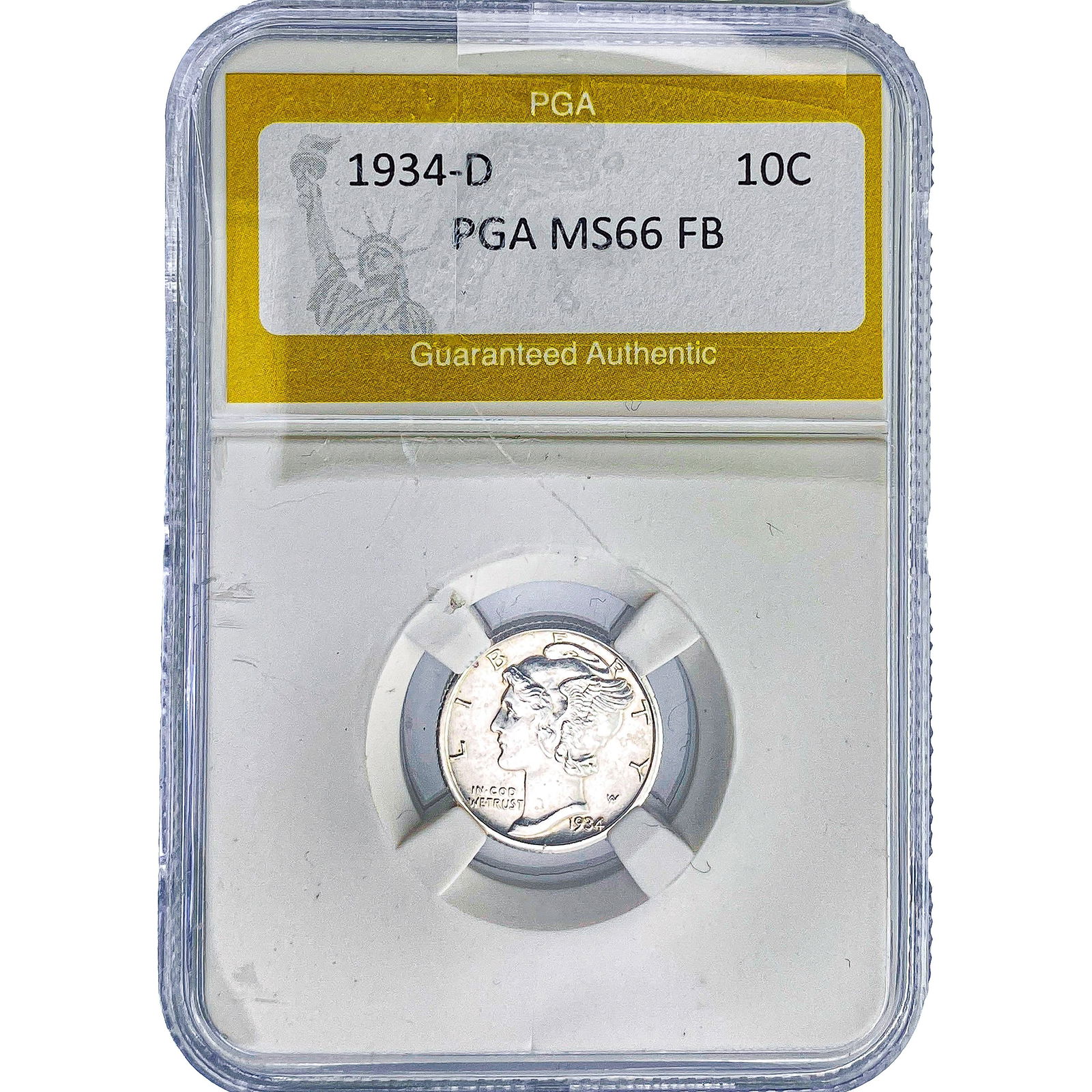 1934-D Mercury Silver Dime PGA MS66 FB: 1934-D Mercury Silver Dime PGA MS66 FB