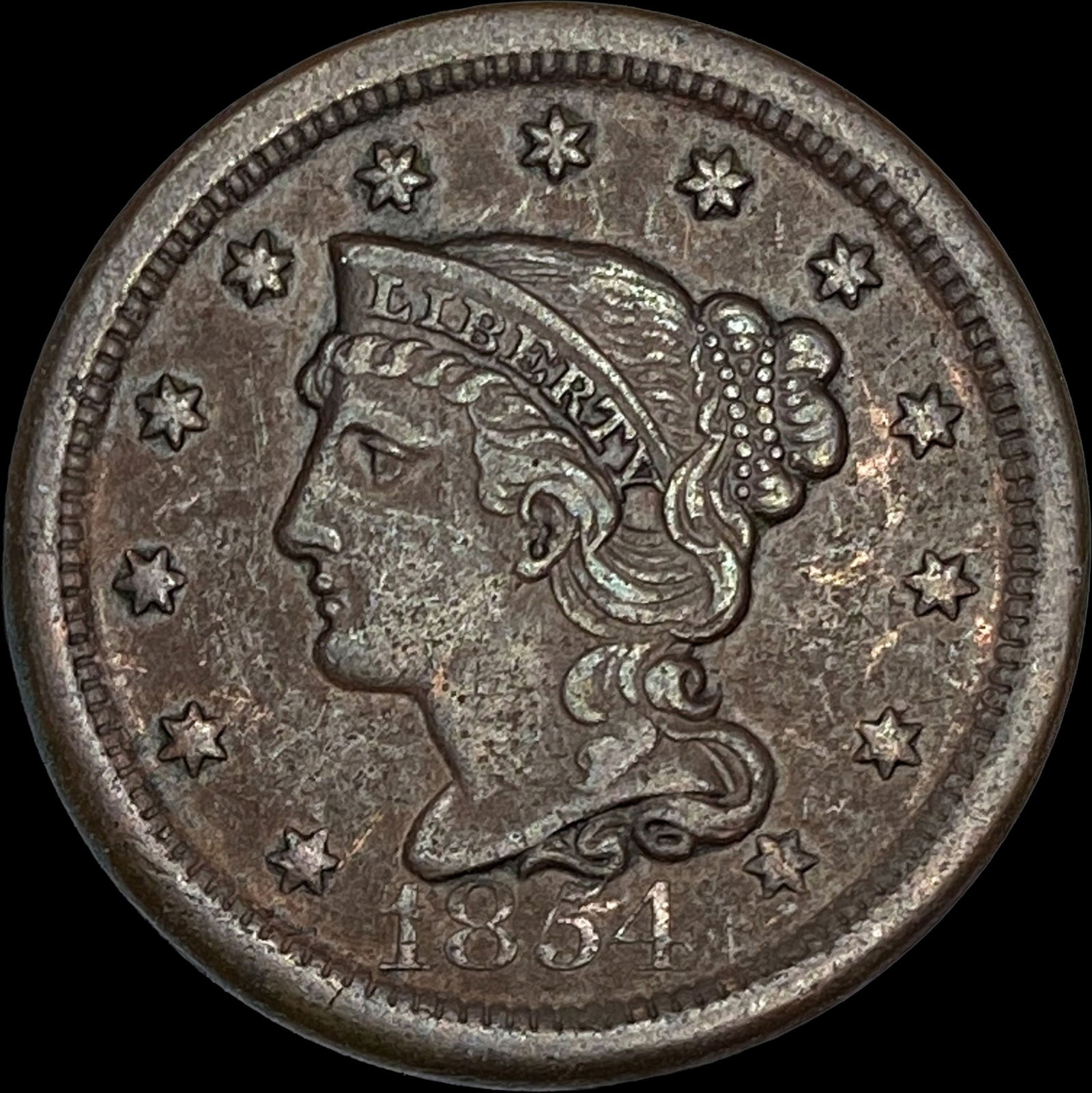 1854 Braided Hair Large Cent ABOUT UNCIRCULATED (1 of 2)