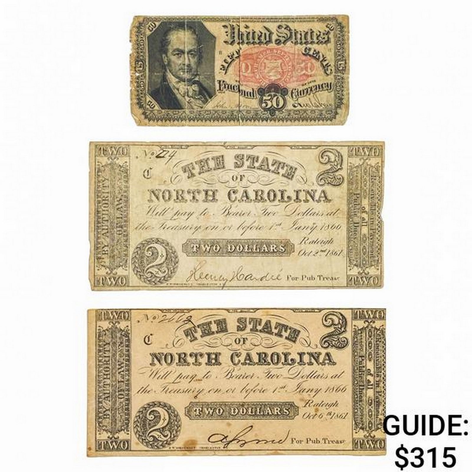 [3] 1861&1875 50C,$2 Lot of U.S. Currency (1 of 2)