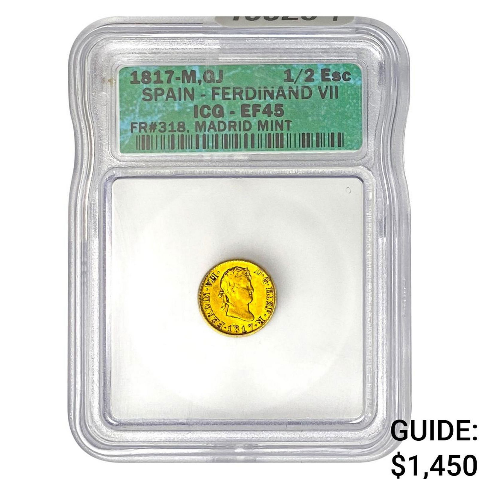 1817-M,GJ Spain Ferdinand VII Gold 1/2 Escudo ICG EF45: 1817-M,GJ Spain Ferdinand VII Gold 1/2 Escudo ICG EF45