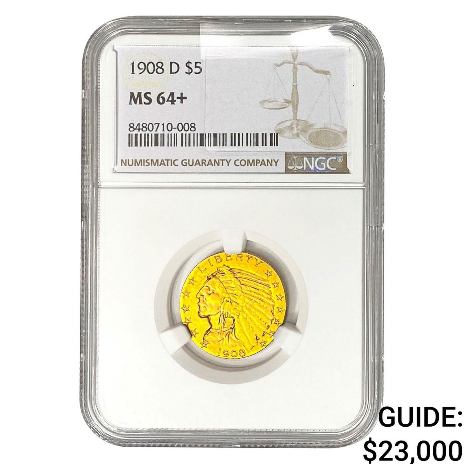 1908-D $5 Gold Half Eagle NGC MS64+ (1 of 2)