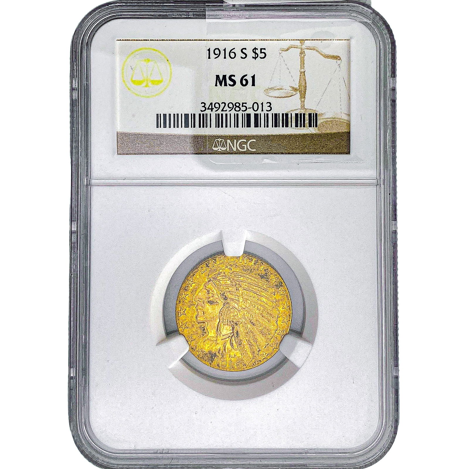 1916-S $5 Gold Half Eagle NGC MS61: 1916-S $5 Gold Half Eagle NGC MS61