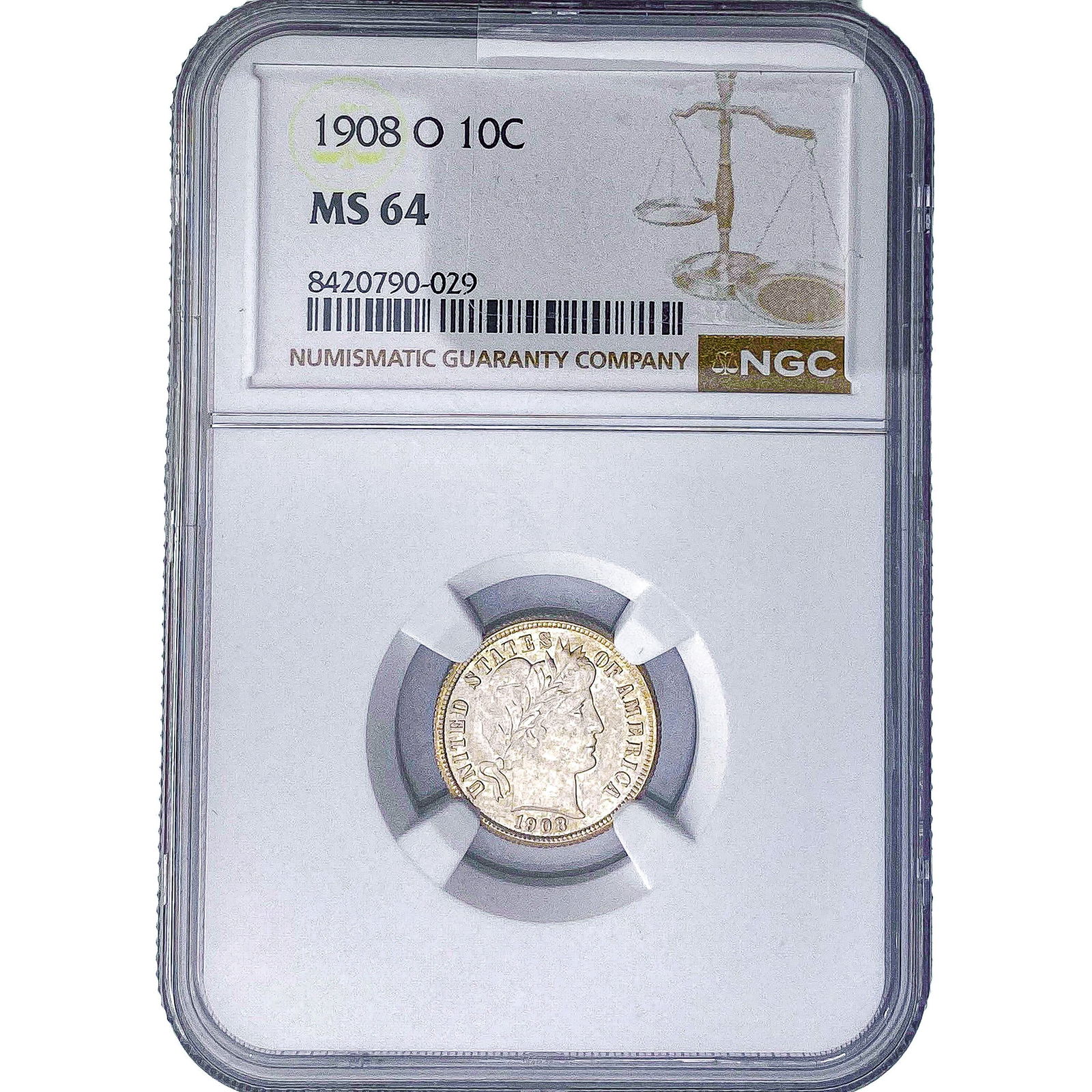 1908-O Barber Dime NGC MS64: 1908-O Barber Dime NGC MS64