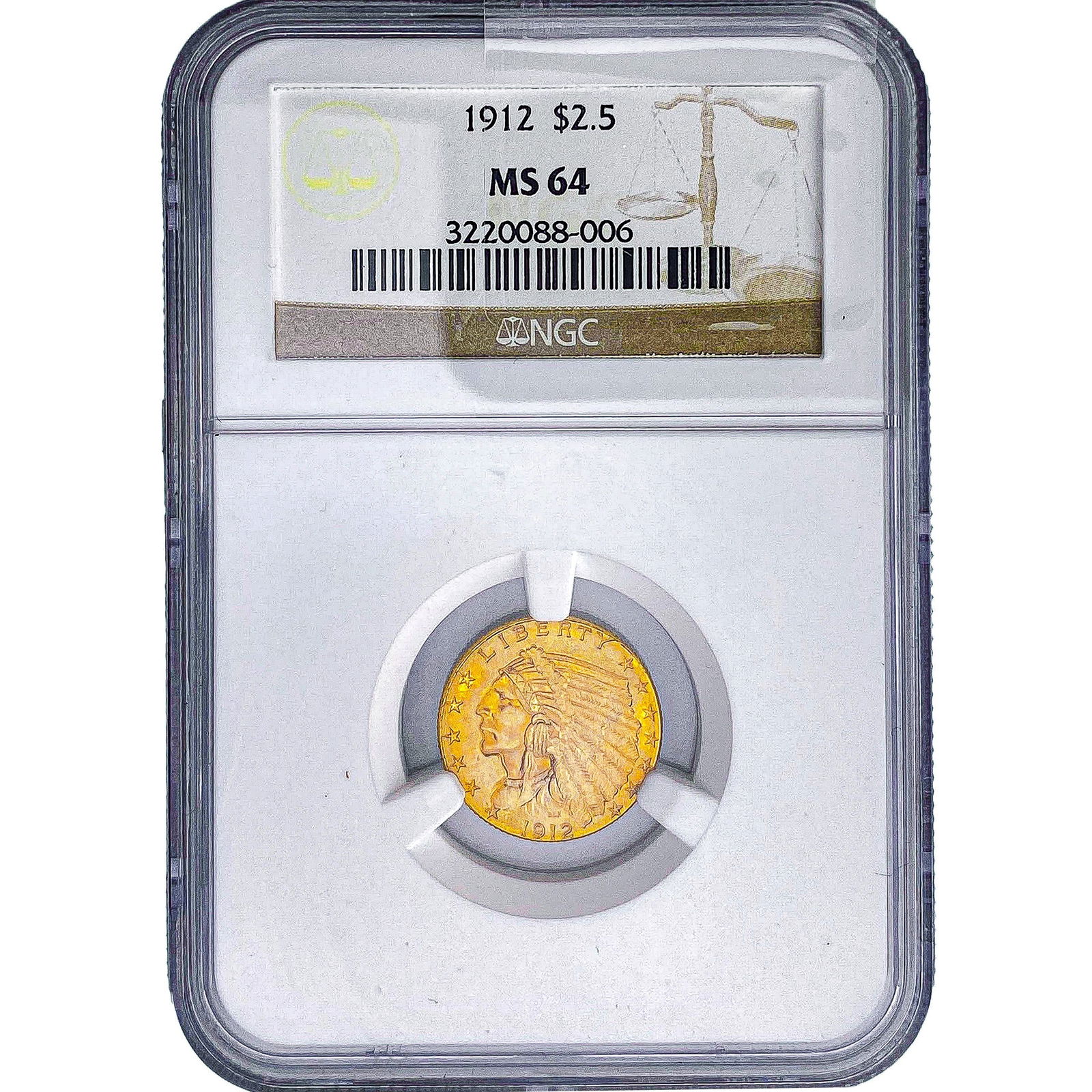 1912 $2.50 Gold Quarter Eagle NGC MS64: 1912 $2.50 Gold Quarter Eagle NGC MS64