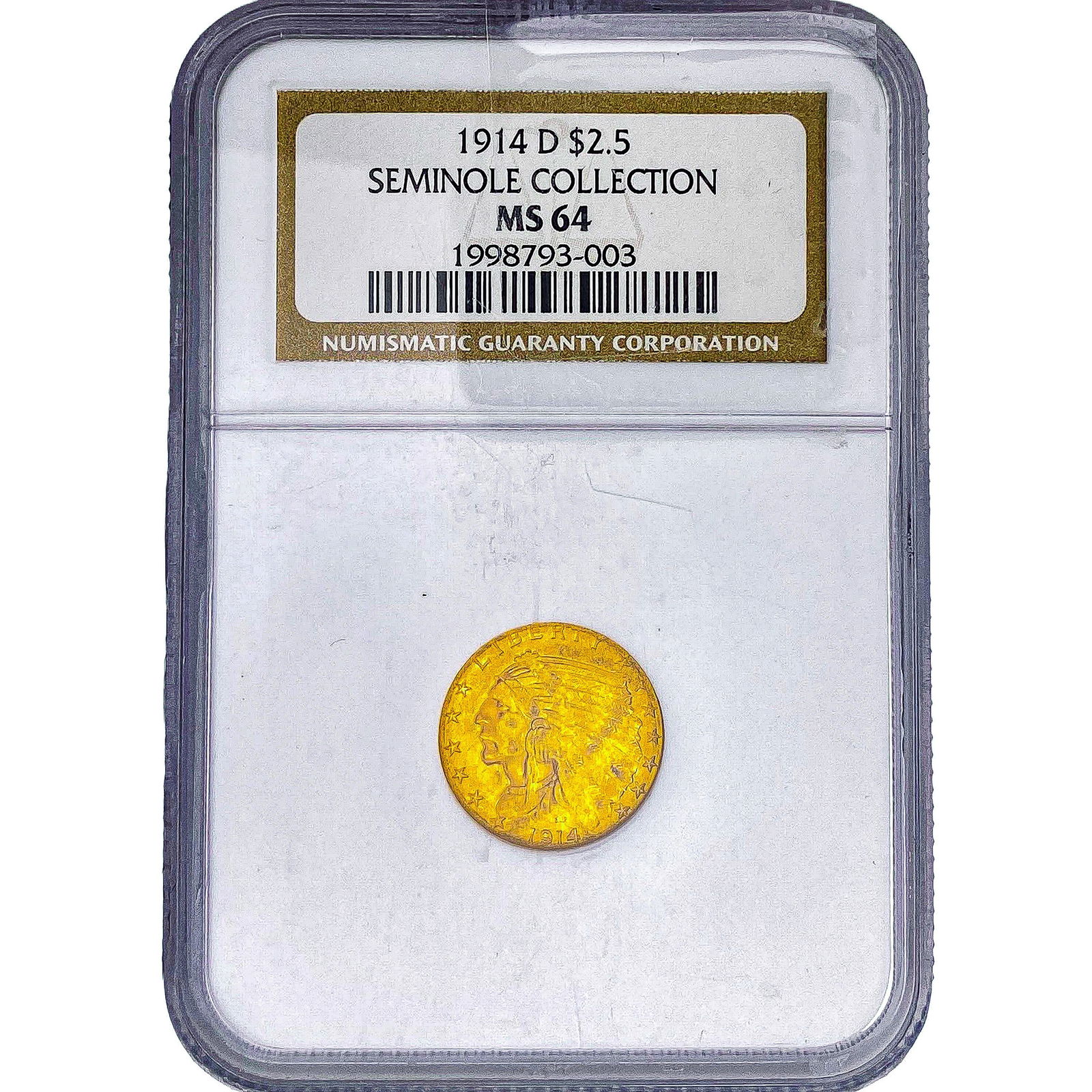 1914-D $2.50 Gold Quarter Eagle NGC MS64 Seminole: 1914-D $2.50 Gold Quarter Eagle NGC MS64 Seminole