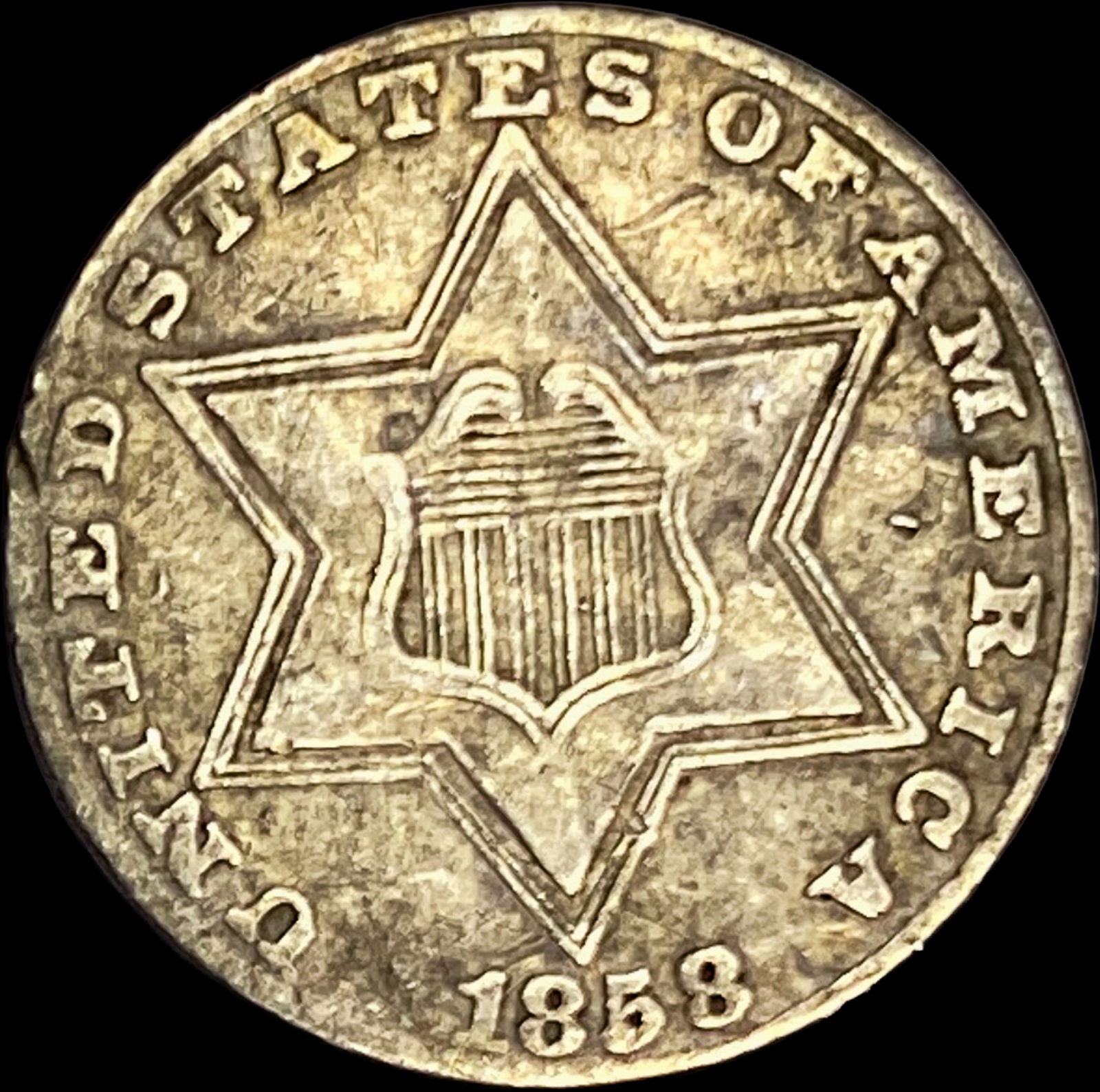 1858 Silver Three-Cent Piece NEARLY UNCIRCULATED (1 of 2)