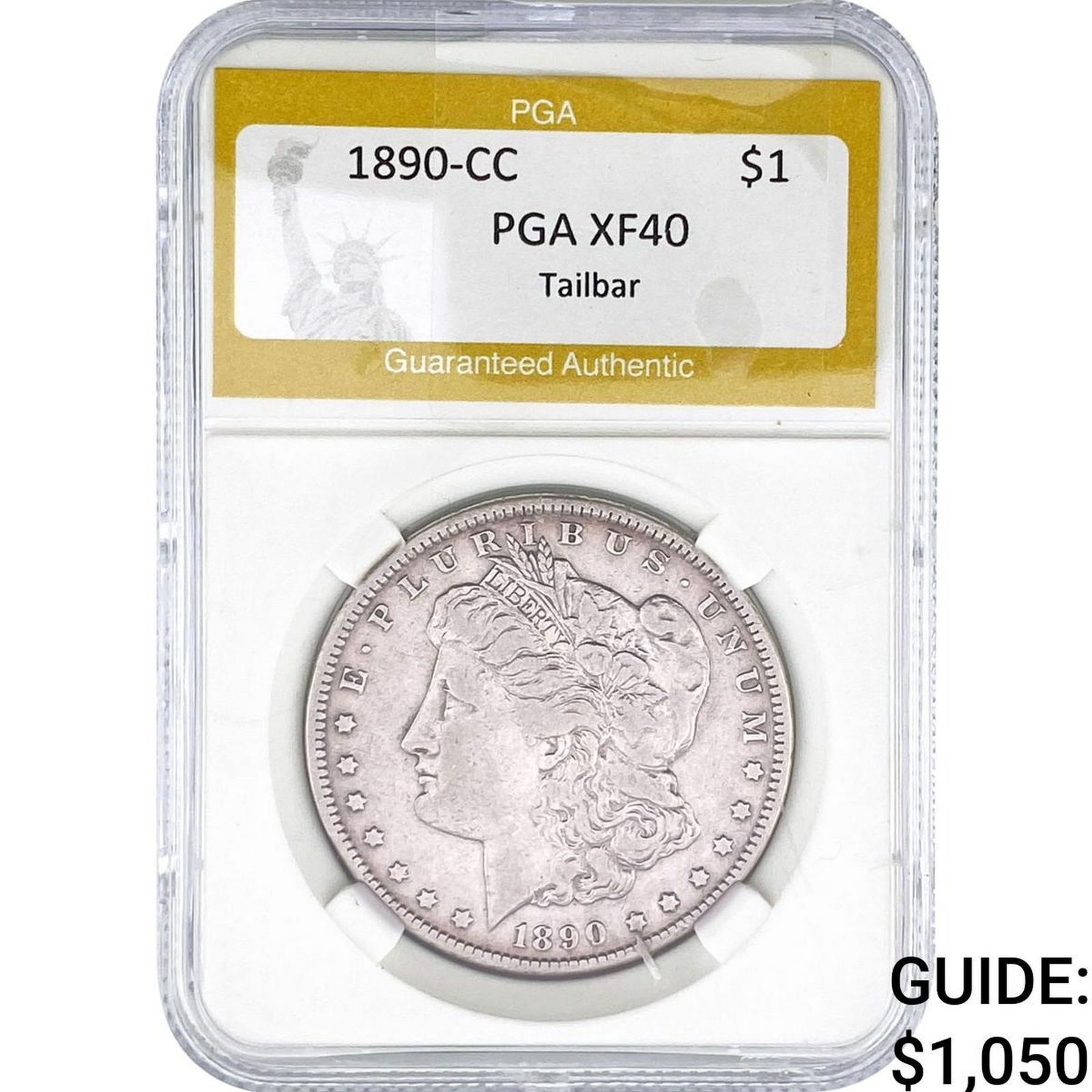 1890-CC Morgan Silver Dollar PGA XF40 Tailbar: 1890-CC Morgan Silver Dollar PGA XF40 Tailbar