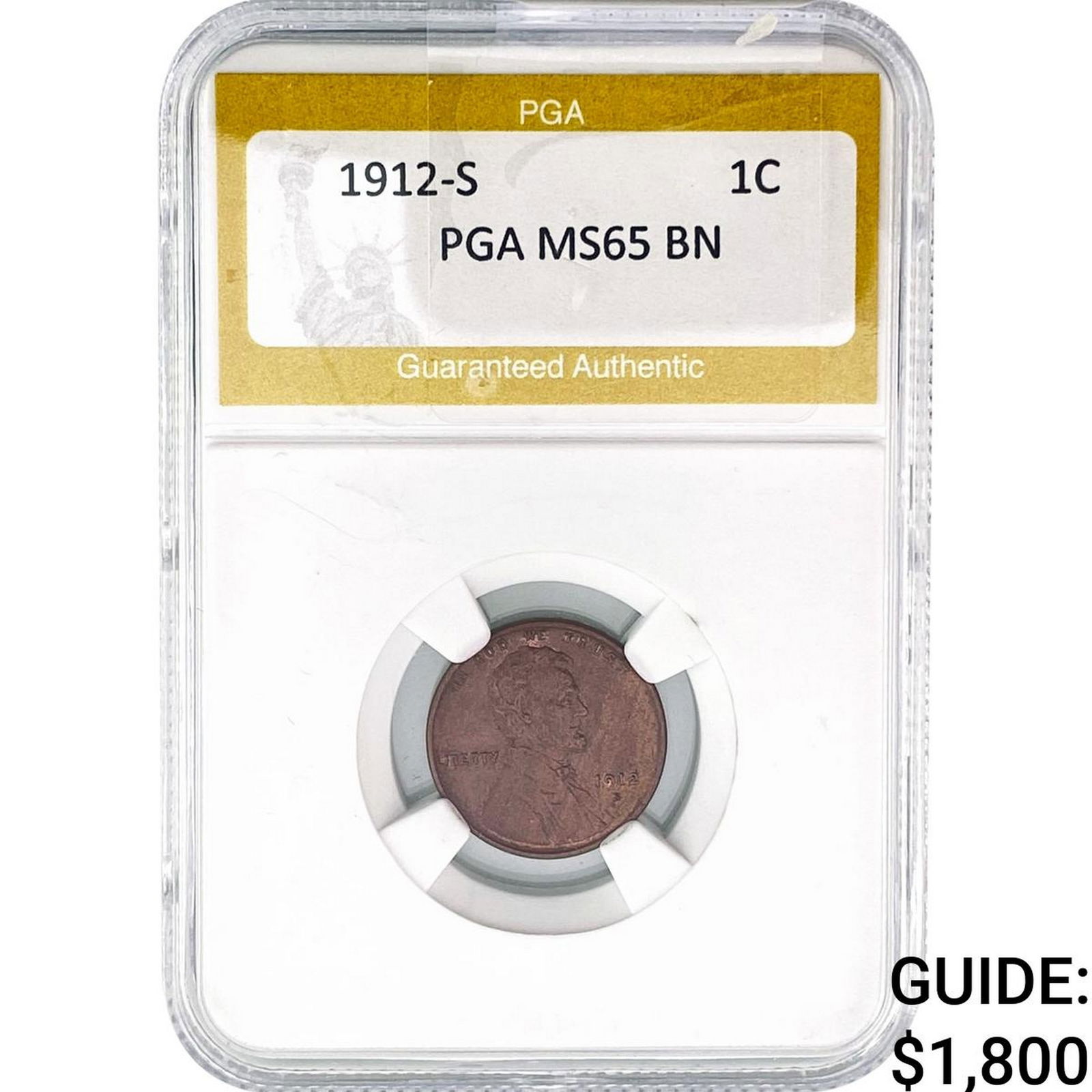 1912-S Wheat Cent PGA MS65 BN: 1912-S Wheat Cent PGA MS65 BN