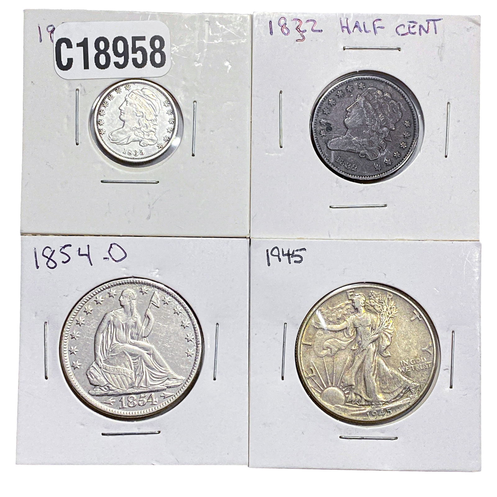 [4 Coins] 1822-1945 U.S. Coin Lot 1/2C-50C: [4 Coins] 1822-1945 U.S. Coin Lot 1/2C-50C