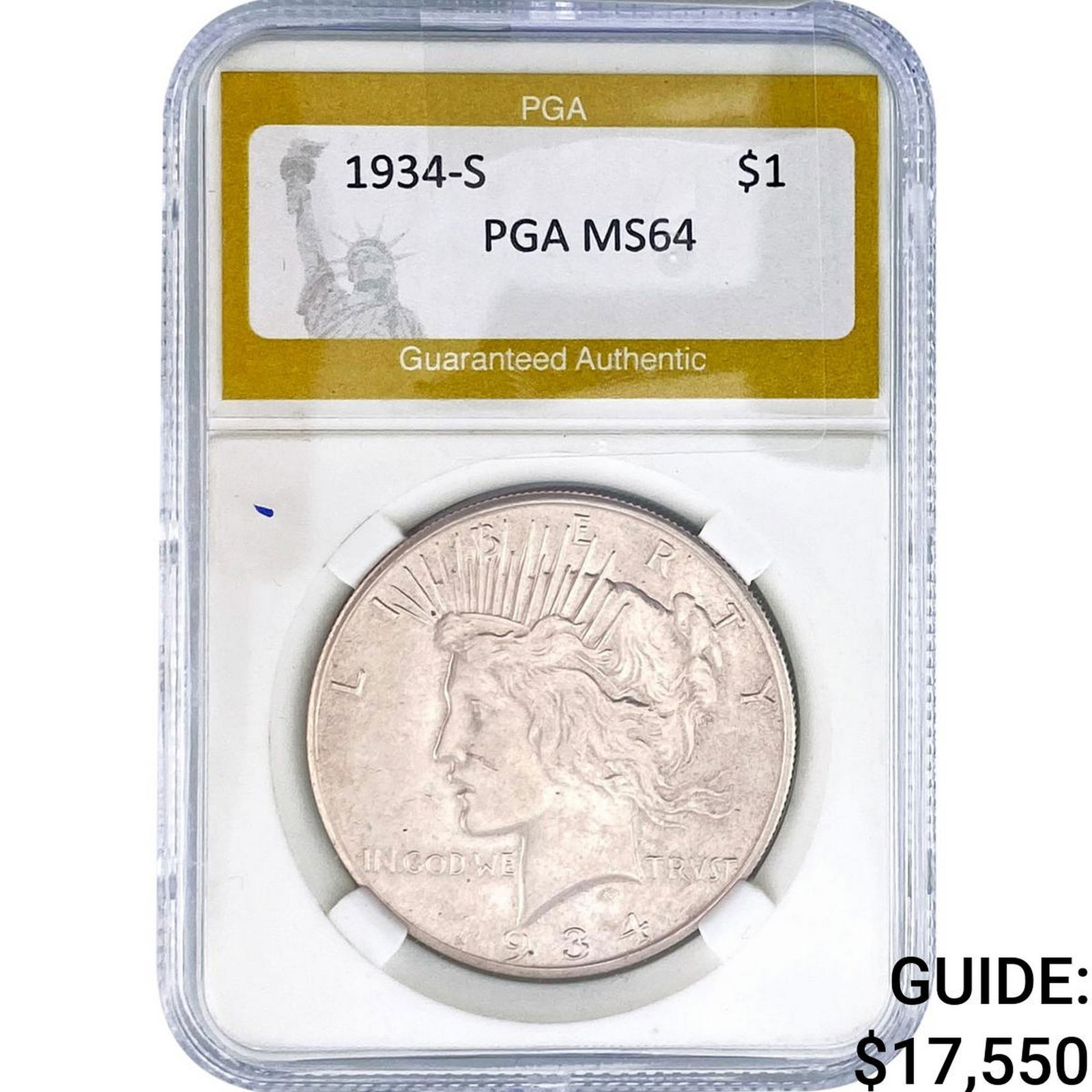 1934-S Silver Peace Dollar PGA MS64: 1934-S Silver Peace Dollar PGA MS64