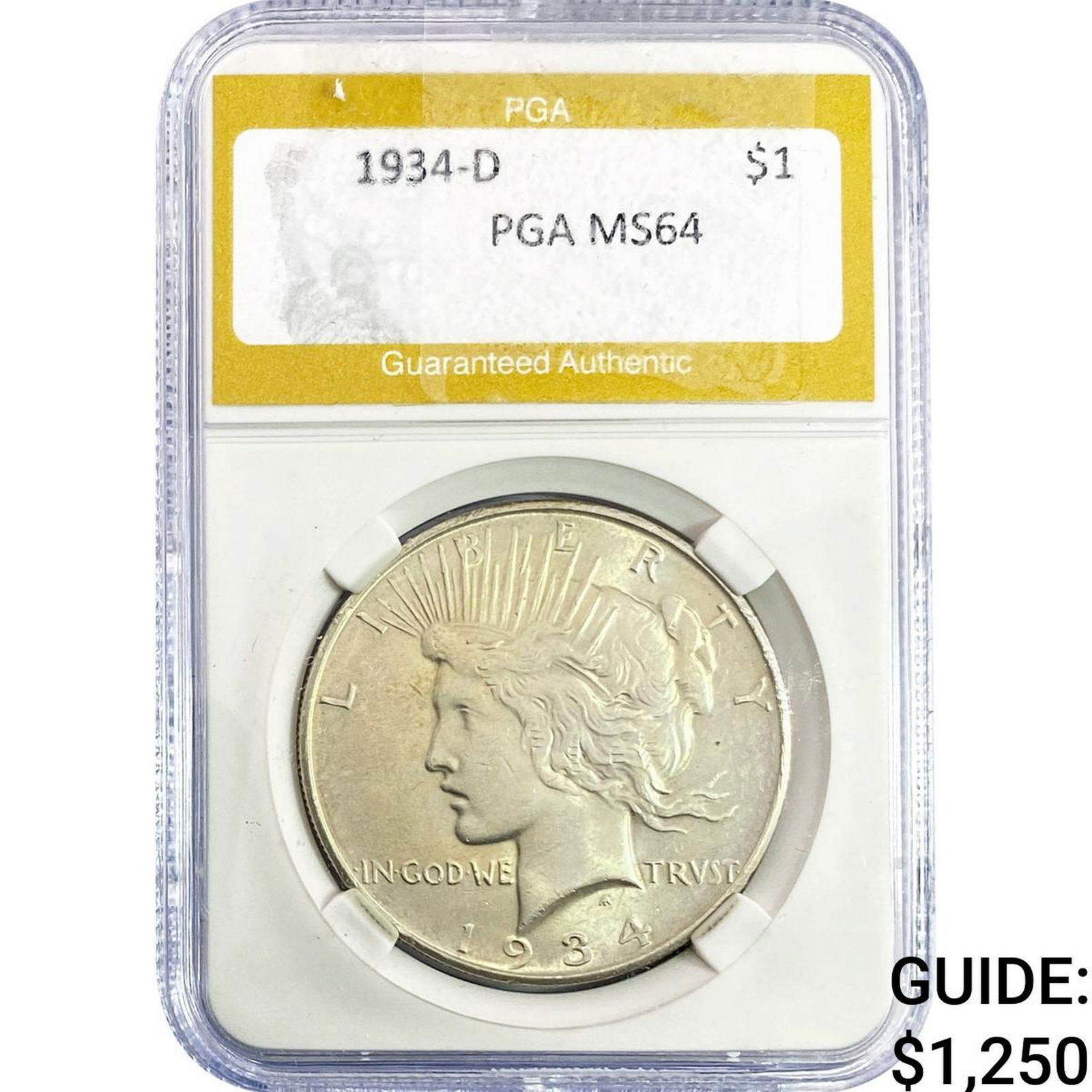 1934-D Silver Peace Dollar PGA MS64: 1934-D Silver Peace Dollar PGA MS64