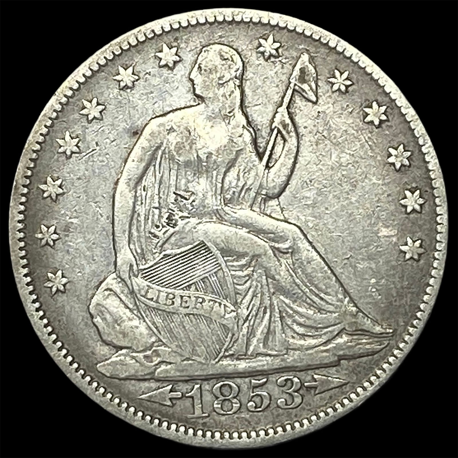 1853 Arrows/Rays Seated Liberty Half Dollar ABOUT UNCIRCULATED: 1853 Arrows/Rays Seated Liberty Half Dollar ABOUT UNCIRCULATED