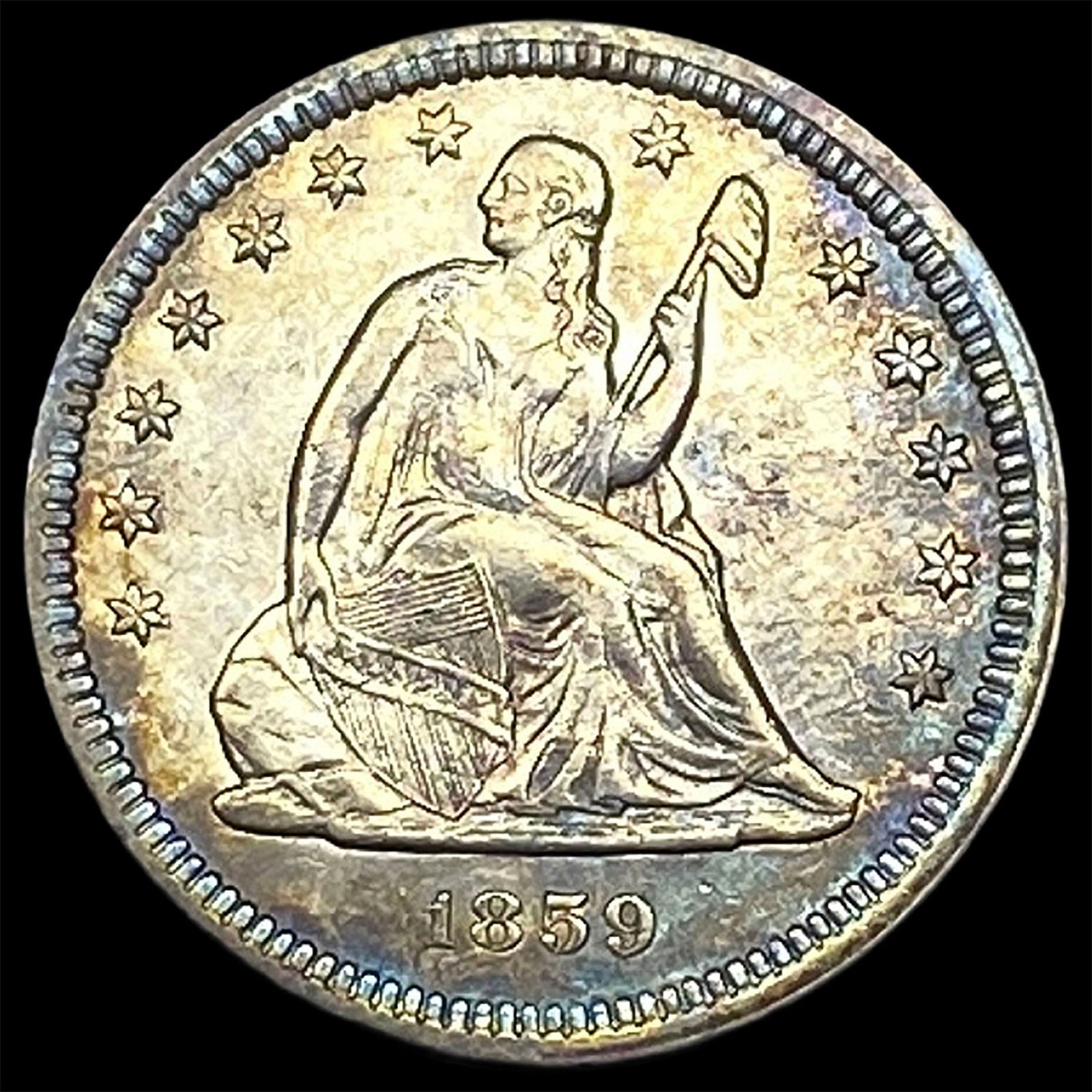 1859 Silver Seated Liberty Quarter Dollar CLOSELY UNCIRCULATED: 1859 Silver Seated Liberty Quarter Dollar CLOSELY UNCIRCULATED