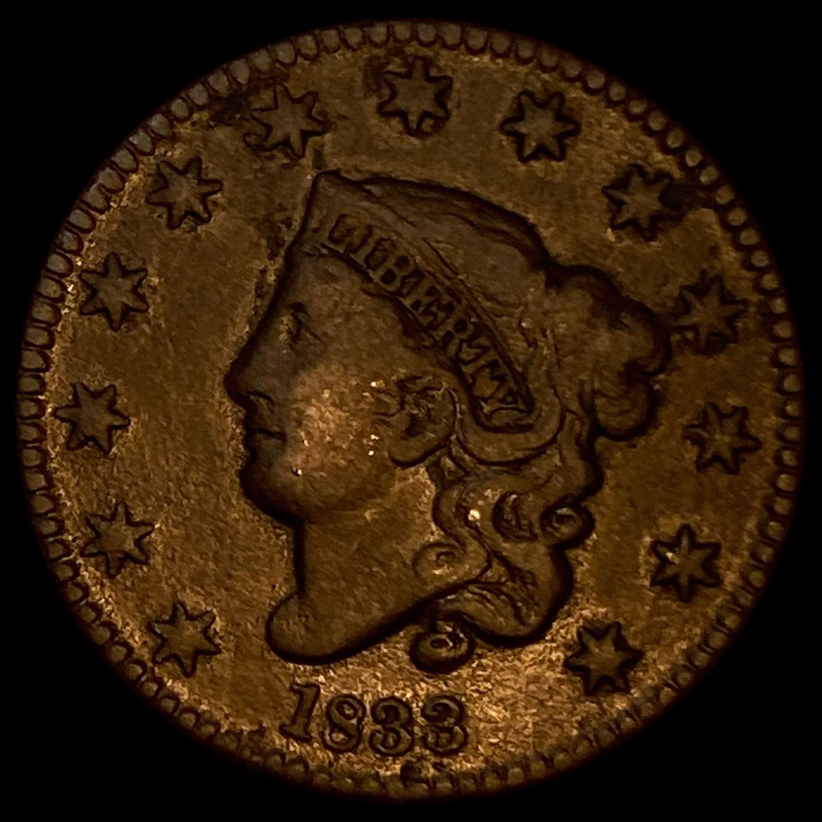 1833 Coronet Head Large Cent CLOSELY UNCIRCULATED: 1833 Coronet Head Large Cent CLOSELY UNCIRCULATED