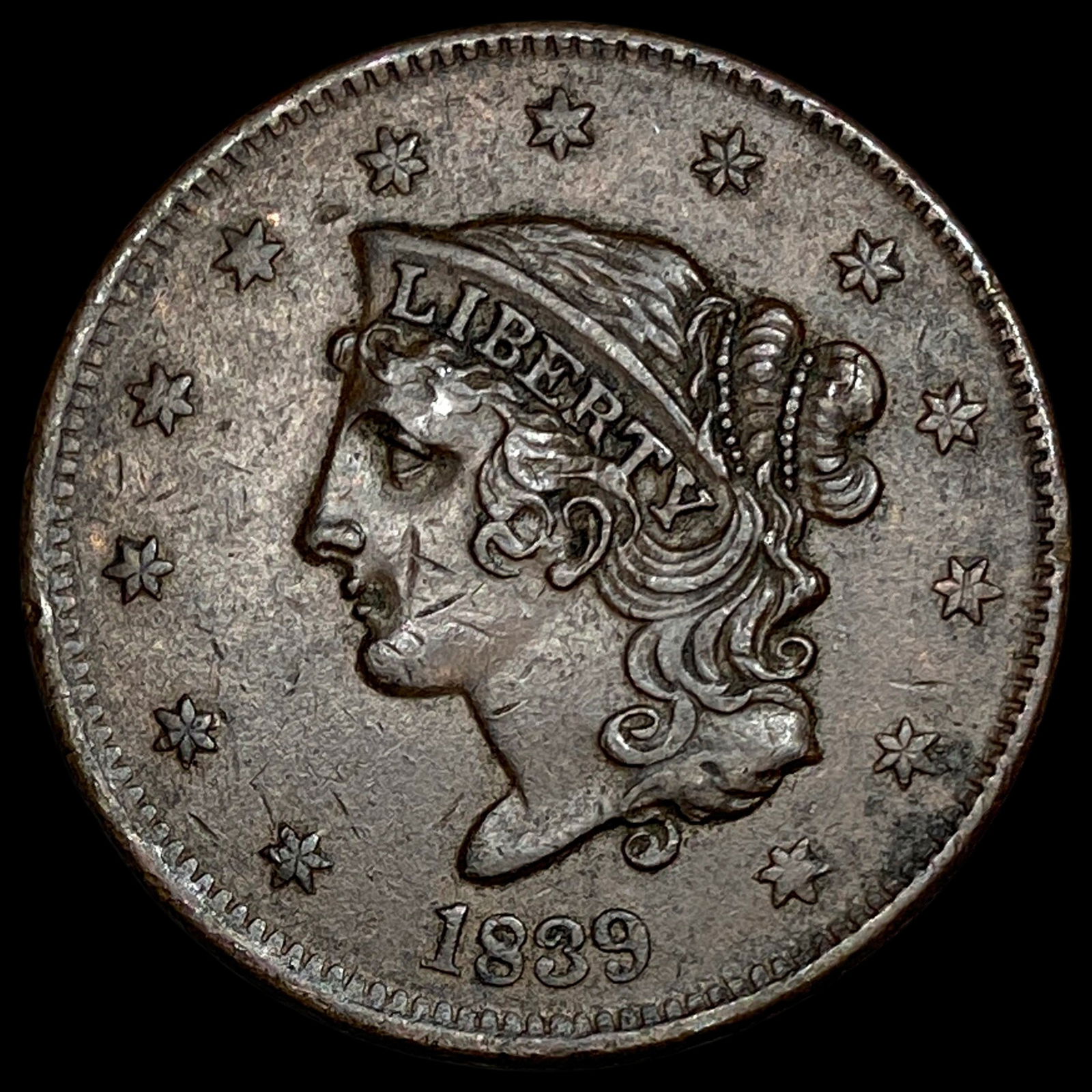 1839 Coronet Head Large Cent CHOICE AU: 1839 Coronet Head Large Cent CHOICE AU