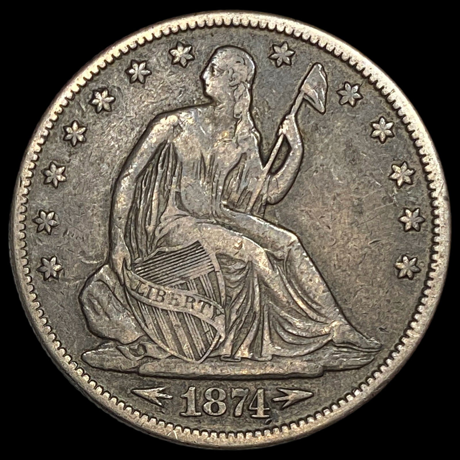 1874 Arrows Seated Liberty Half Dollar CLOSELY UNCIRCULATED: 1874 Arrows Seated Liberty Half Dollar CLOSELY UNCIRCULATED