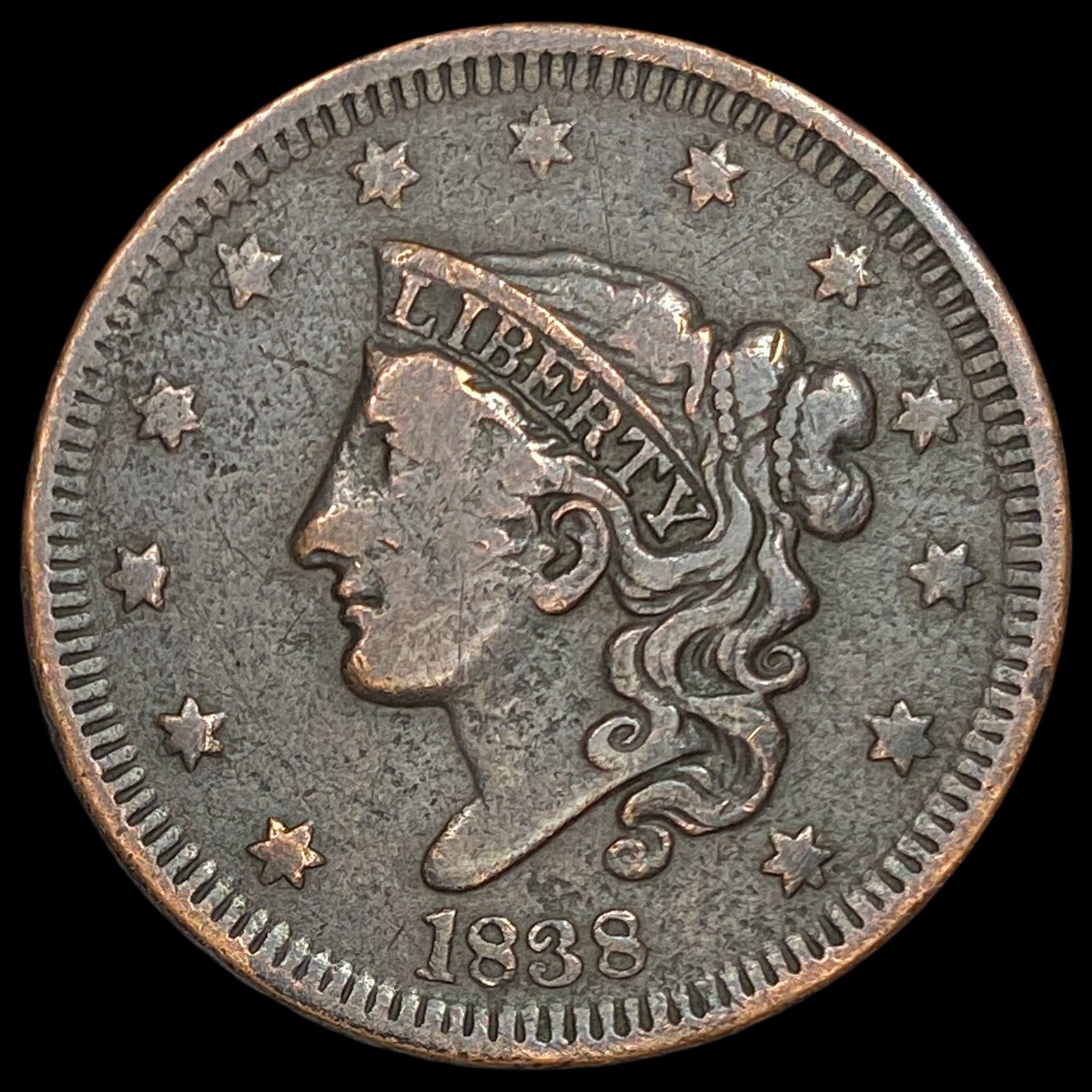 1838 Coronet Head Large Cent NEARLY UNCIRCULATED: 1838 Coronet Head Large Cent NEARLY UNCIRCULATED