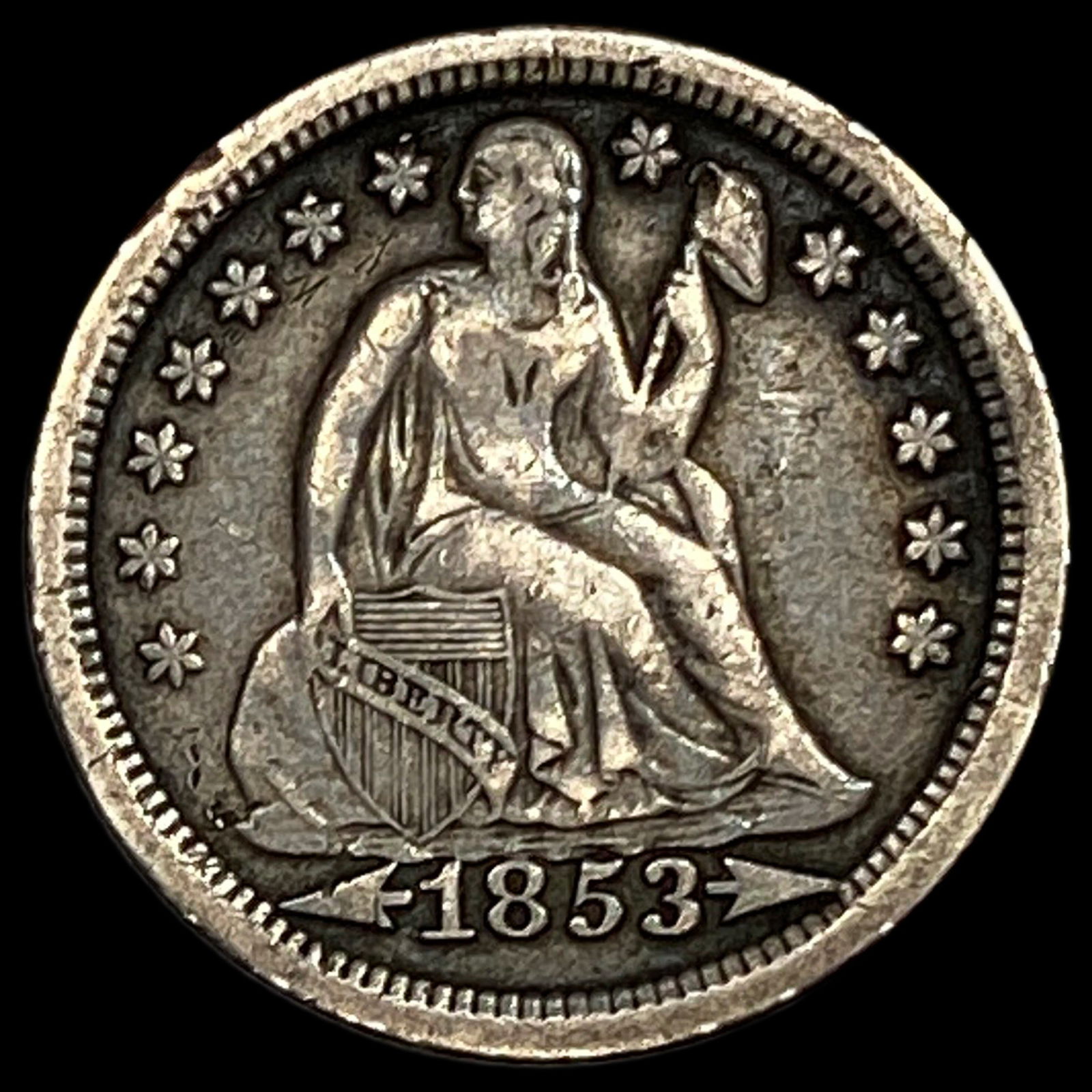 1853 Arrows Seated Liberty Dime NEARLY UNCIRCULATED: 1853 Arrows Seated Liberty Dime NEARLY UNCIRCULATED