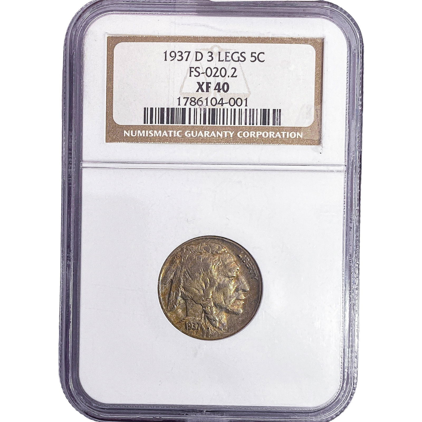 1937-D Buffalo Nickel NGC XF40 3 Legs FS-020.2: 1937-D Buffalo Nickel NGC XF40 3 Legs FS-020.2