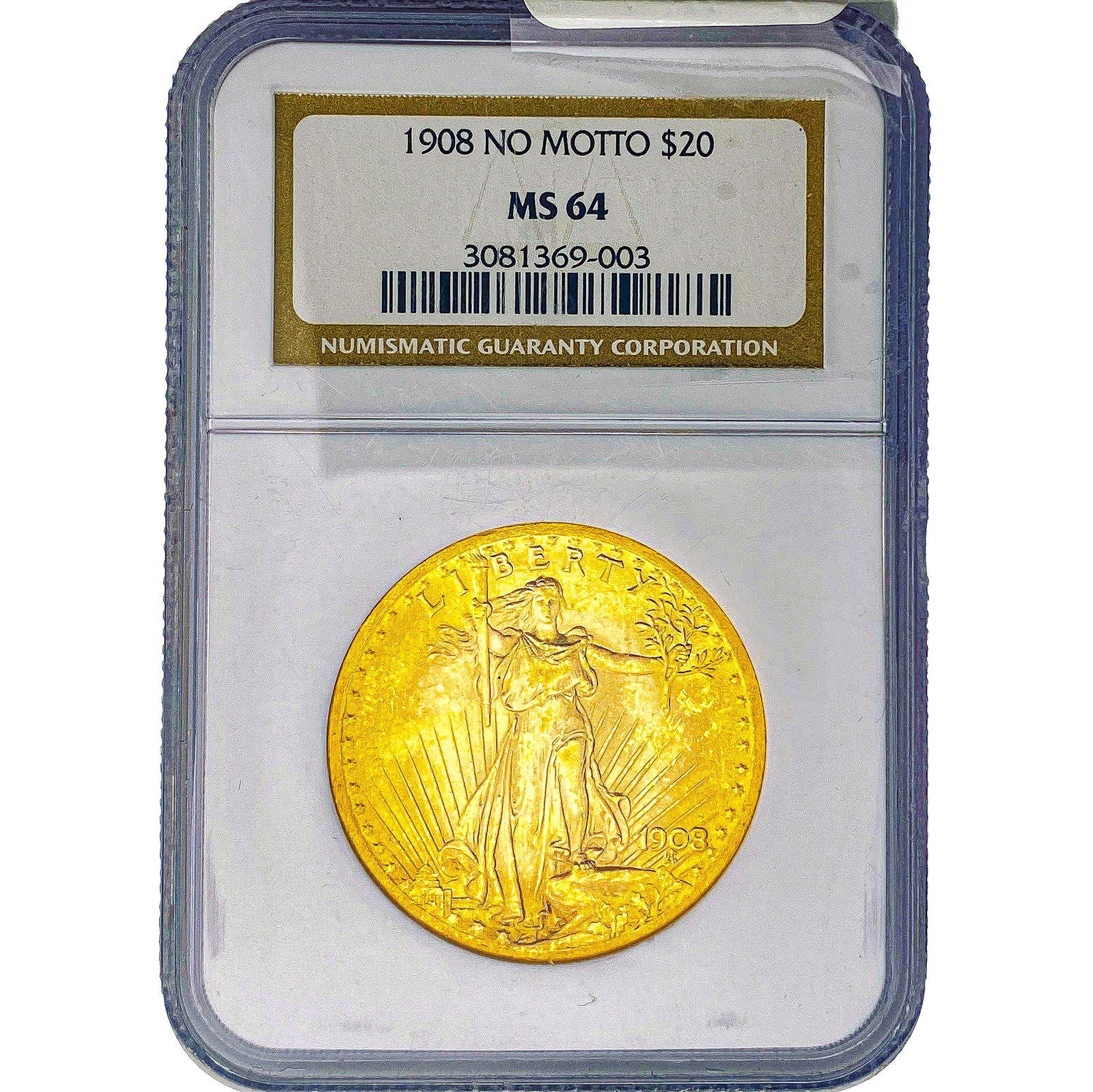 1908 No Motto $20 Gold Double Eagle NGC MS64: 1908 No Motto $20 Gold Double Eagle NGC MS64