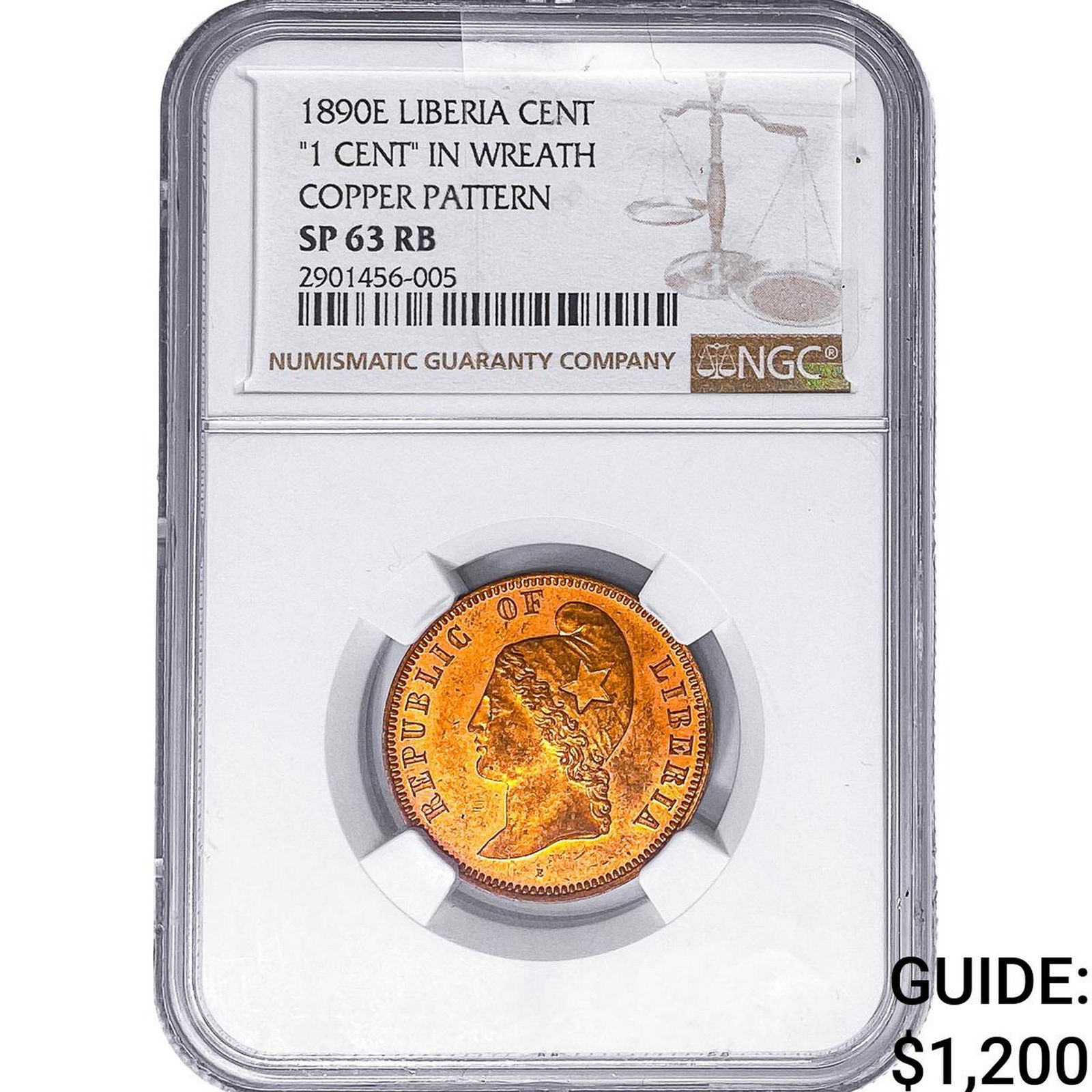 1809E Liberia Cent 1 Cent in Wreath Copper Pattern NGC SP63 RB: 1809E Liberia Cent 1 Cent in Wreath Copper Pattern NGC SP63 RB