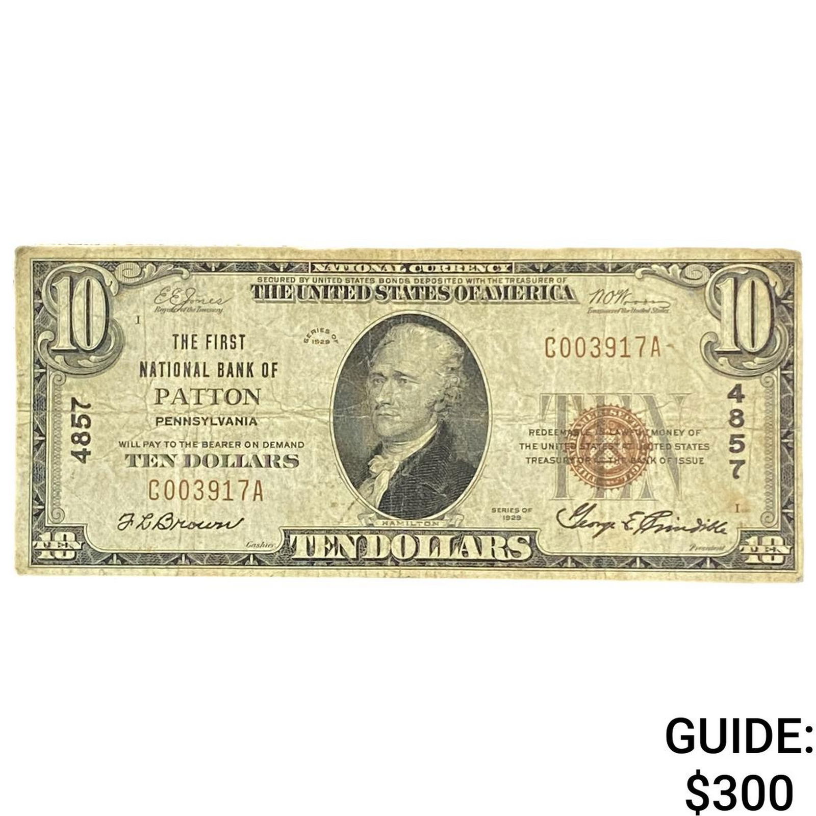 1929 $10 National Bank Patton, PA Brown Seal: 1929 $10 National Bank Patton, PA Brown Seal