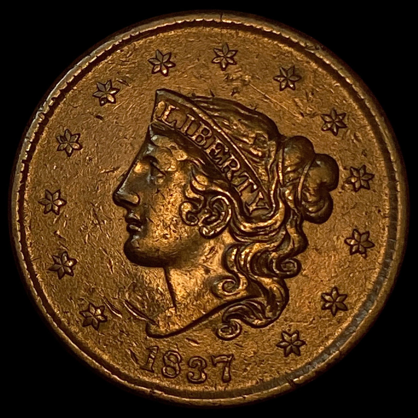 1837 Med. Letters Coronet Head Large Cent CLOSELY UNCIRCULATED: 1837 Med. Letters Coronet Head Large Cent CLOSELY UNCIRCULATED