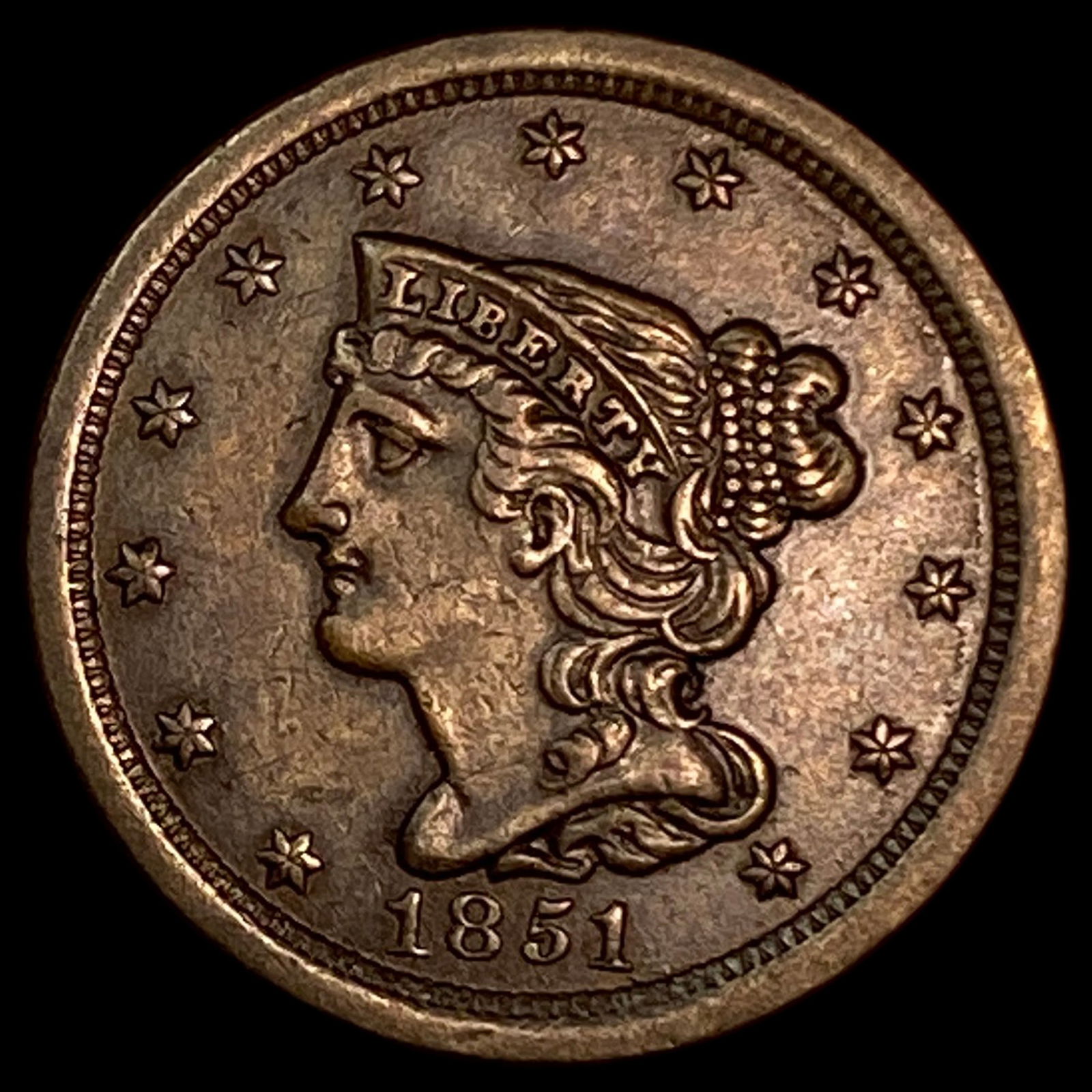 1851 Braided Hair Half Cent CLOSELY UNCIRCULATED: 1851 Braided Hair Half Cent CLOSELY UNCIRCULATED