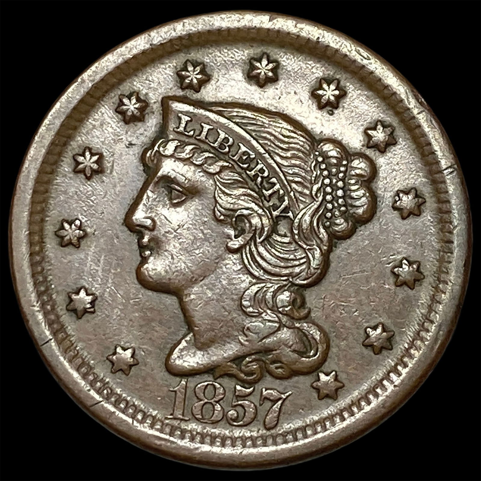 1857 Braided Hair Large Cent CLOSELY UNCIRCULATED: 1857 Braided Hair Large Cent CLOSELY UNCIRCULATED