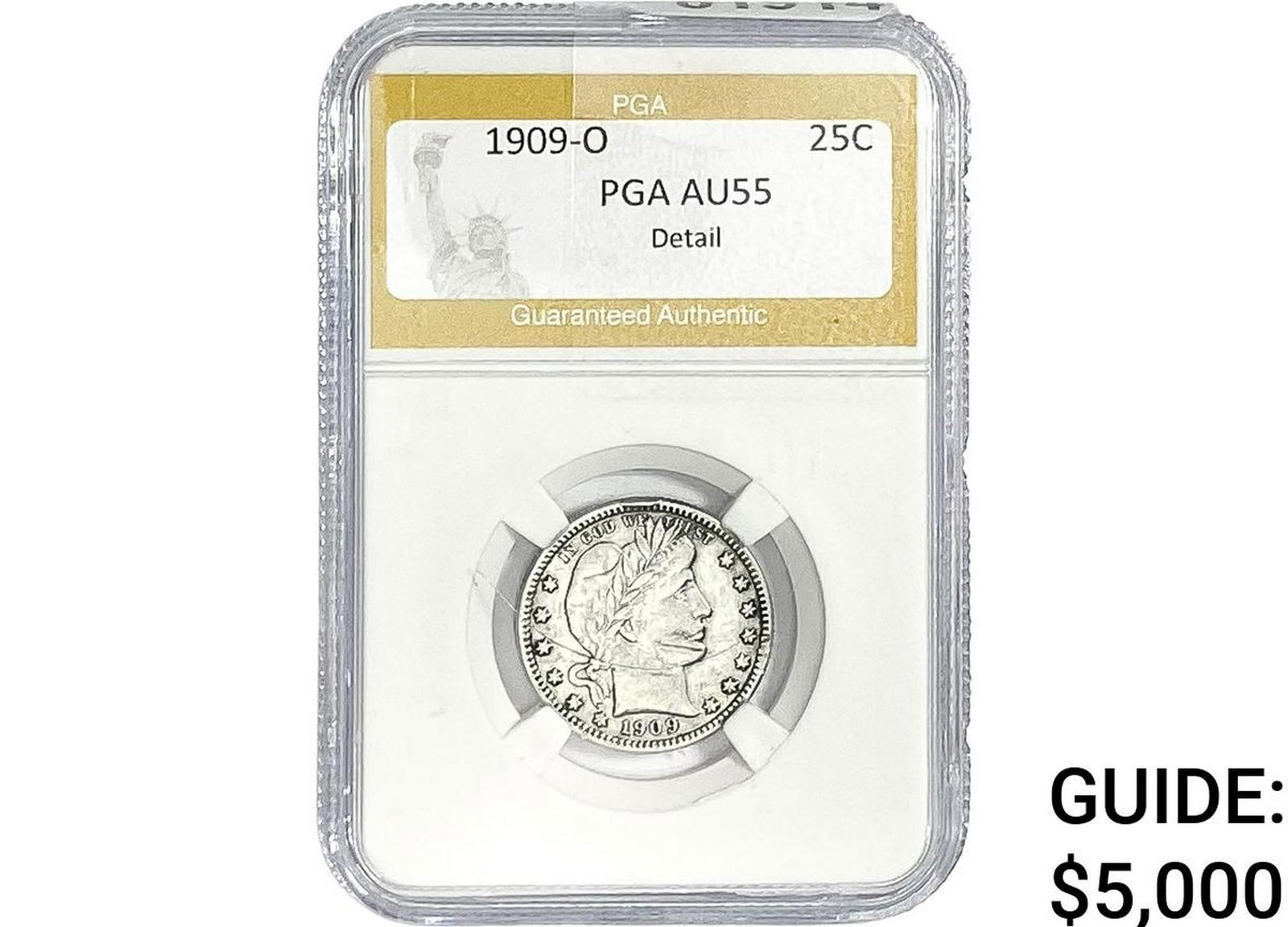 1909-O Barber Quarter PGA AU55 Detail: 1909-O Barber Quarter PGA AU55 Detail