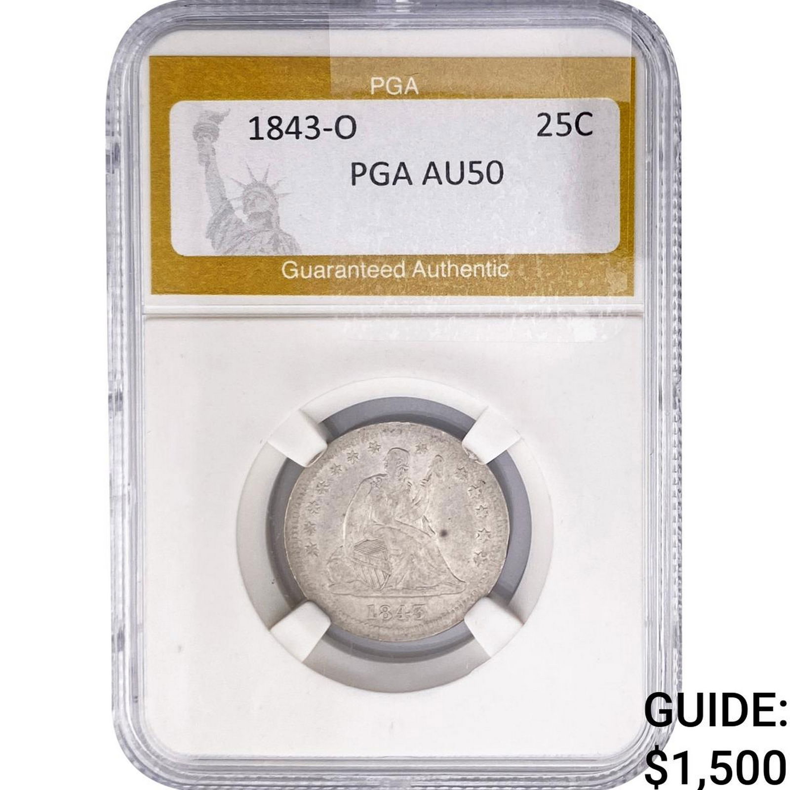 1843-O Seated Liberty Quarter PGA AU50 (1 of 2)