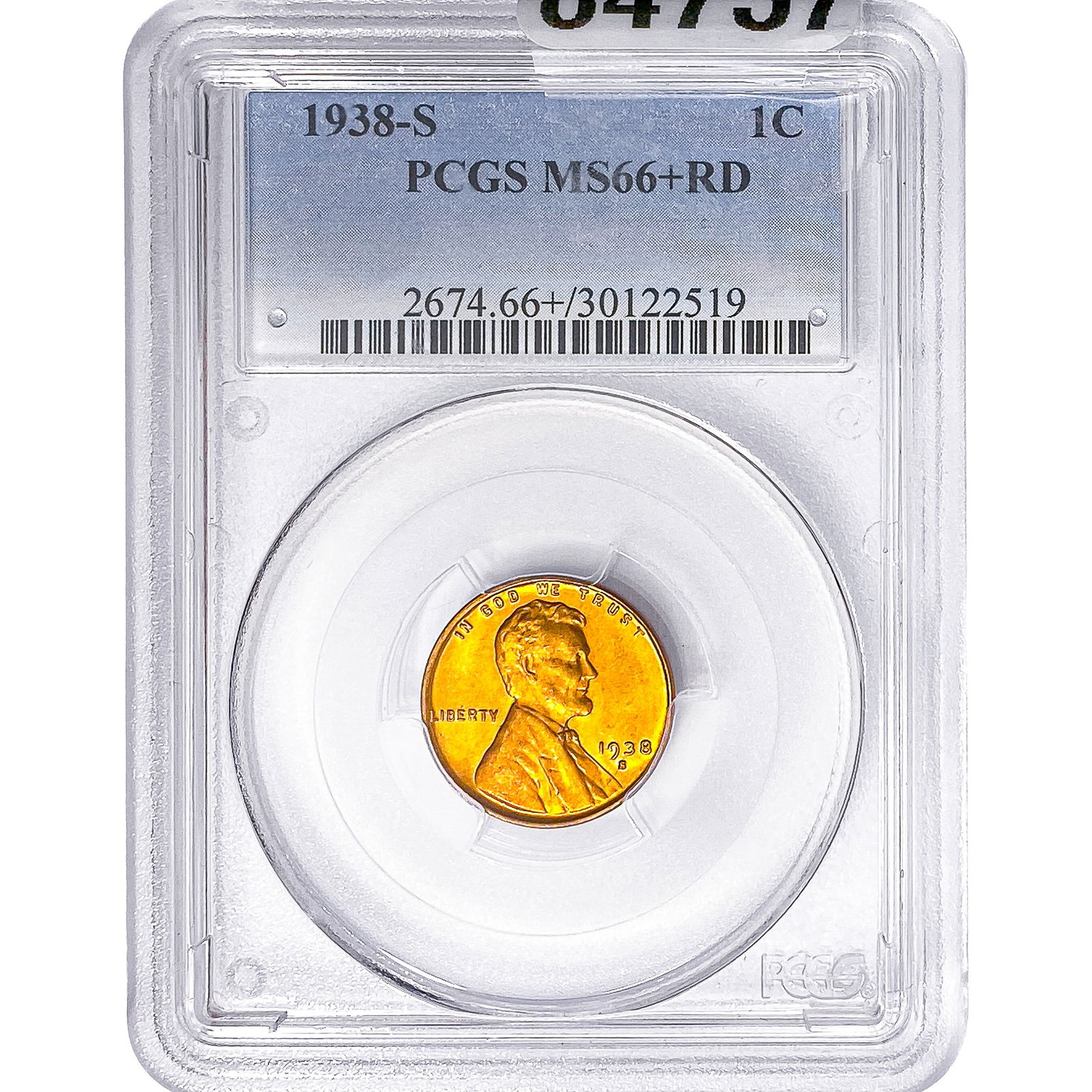 1938-S Wheat Cent PCGS MS66+ RD: 1938-S Wheat Cent PCGS MS66+ RD