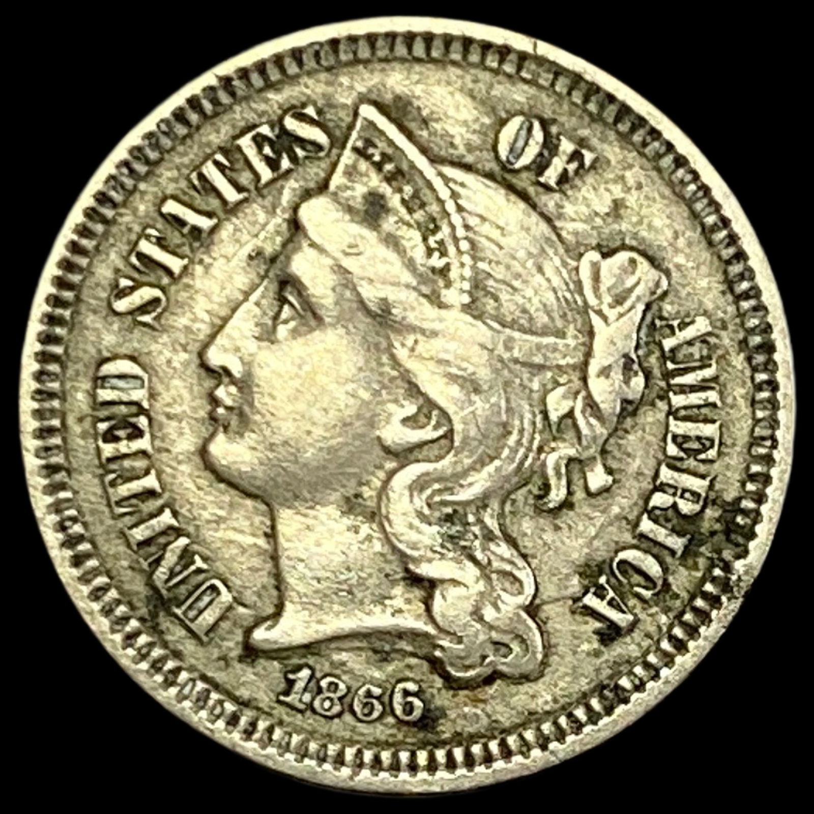 1866 Nickel Three-Cent Piece NEARLY UNCIRCULATED (1 of 2)
