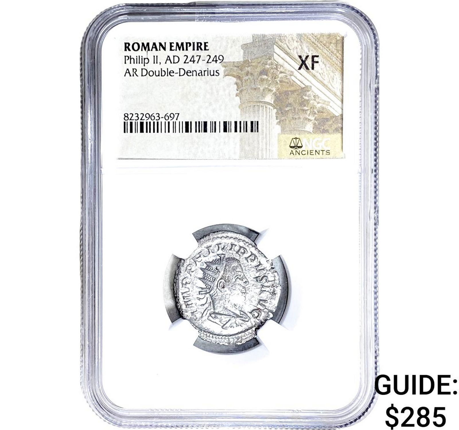 Roman Philip II, AD 247-249 AR Dbl-Denarius NGC XF: Roman Philip II, AD 247-249 AR Dbl-Denarius NGC XF