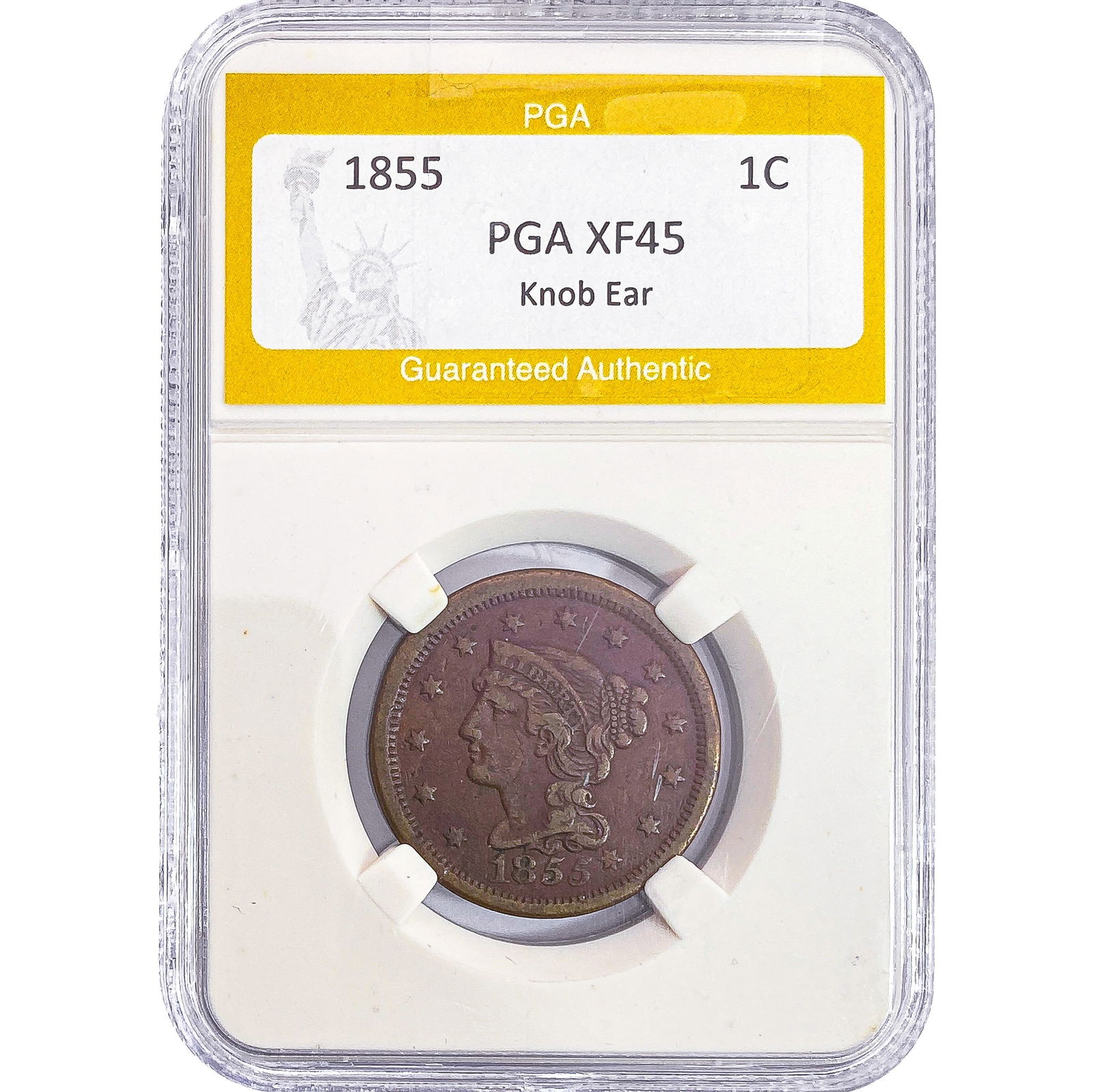 1855 Braided Hair Large Cent PGA XF45 Knob Ear: 1855 Braided Hair Large Cent PGA XF45 Knob Ear