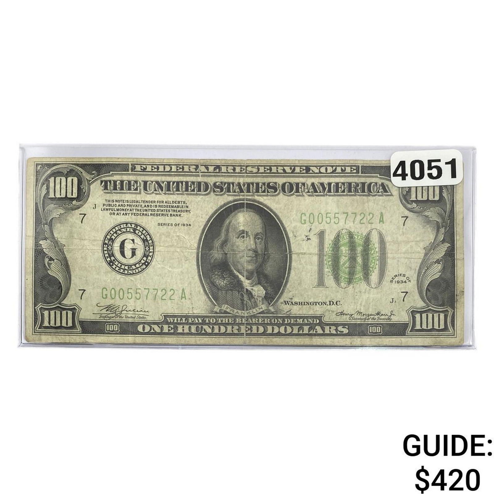 1934 $100 U.S. Federal Reserve Note Chicago: 1934 $100 U.S. Federal Reserve Note Chicago