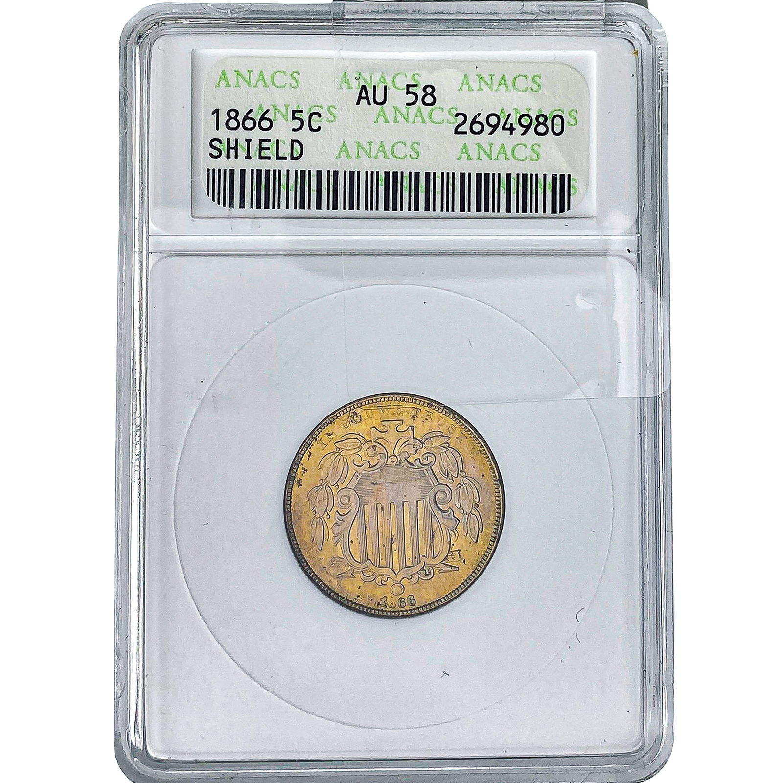 1866 Shield Nickel ANACS AU58: 1866 Shield Nickel ANACS AU58