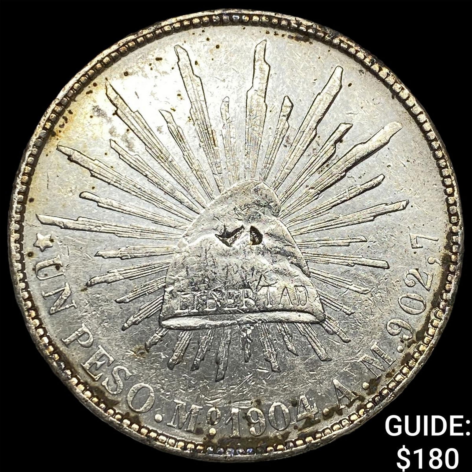 1904 Mexico Silver 1 Peso Punchmarked NEARLY UNCIRCULATED: 1904 Mexico Silver 1 Peso Punchmarked NEARLY UNCIRCULATED