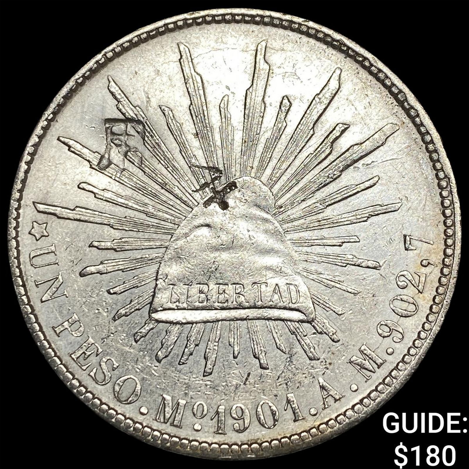 1901 Mexico Silver 1 Peso Punchmarked NEARLY UNCIRCULATED: 1901 Mexico Silver 1 Peso Punchmarked NEARLY UNCIRCULATED
