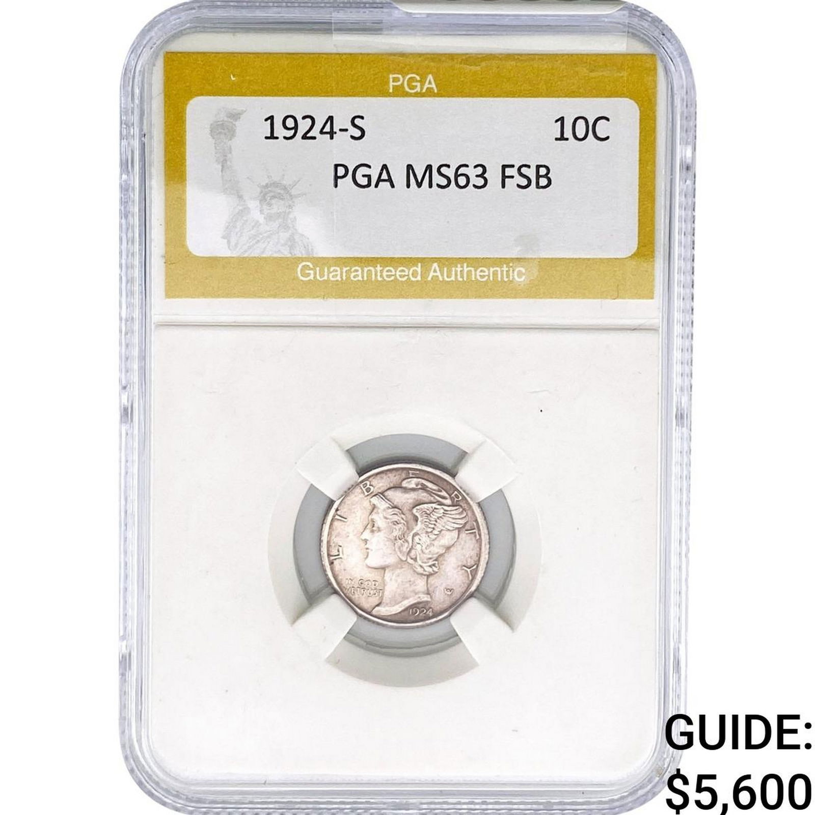 1924-S Mercury Silver Dime PGA MS63 FSB: 1924-S Mercury Silver Dime PGA MS63 FSB