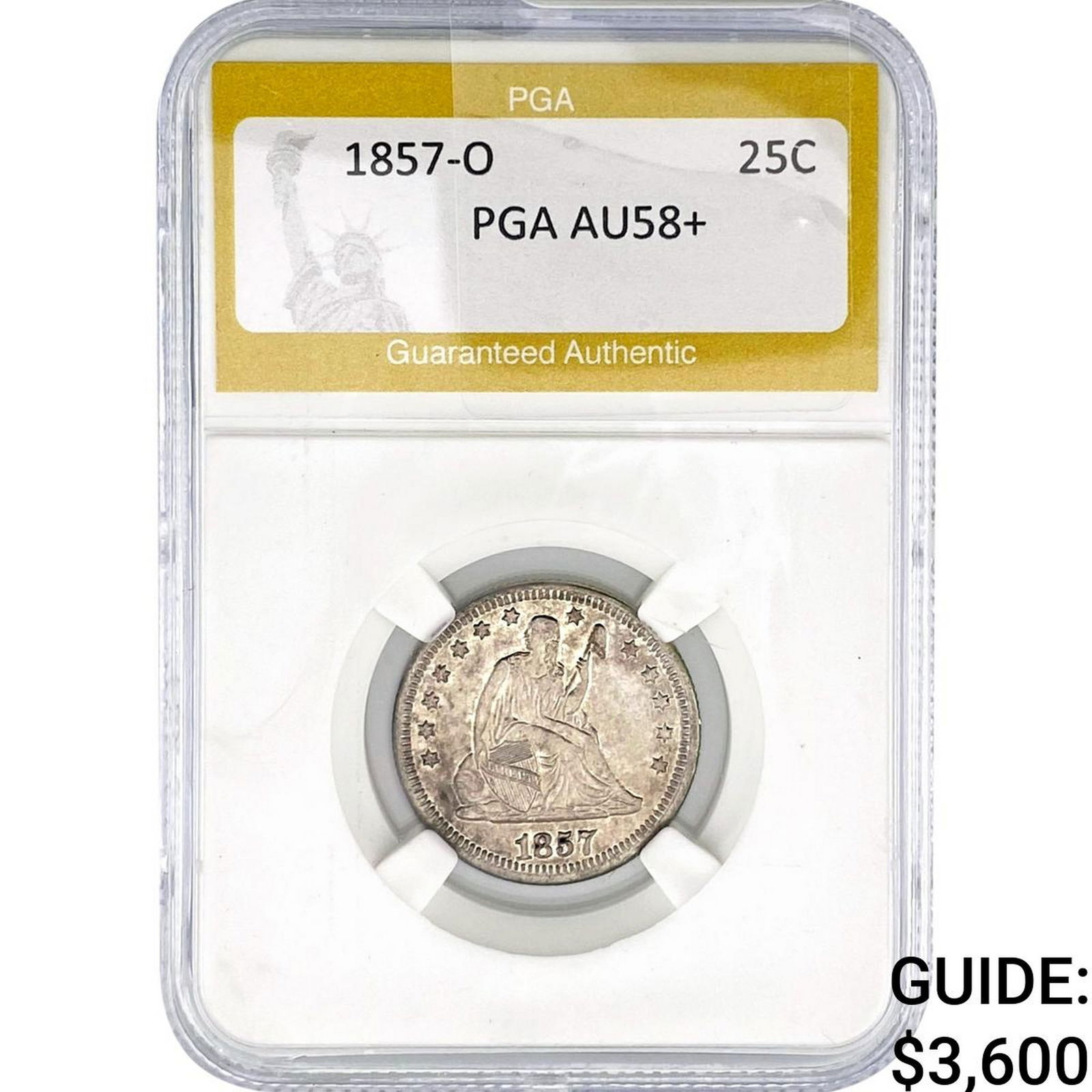 1857-O Seated Liberty Quarter PGA AU58+ (1 of 2)
