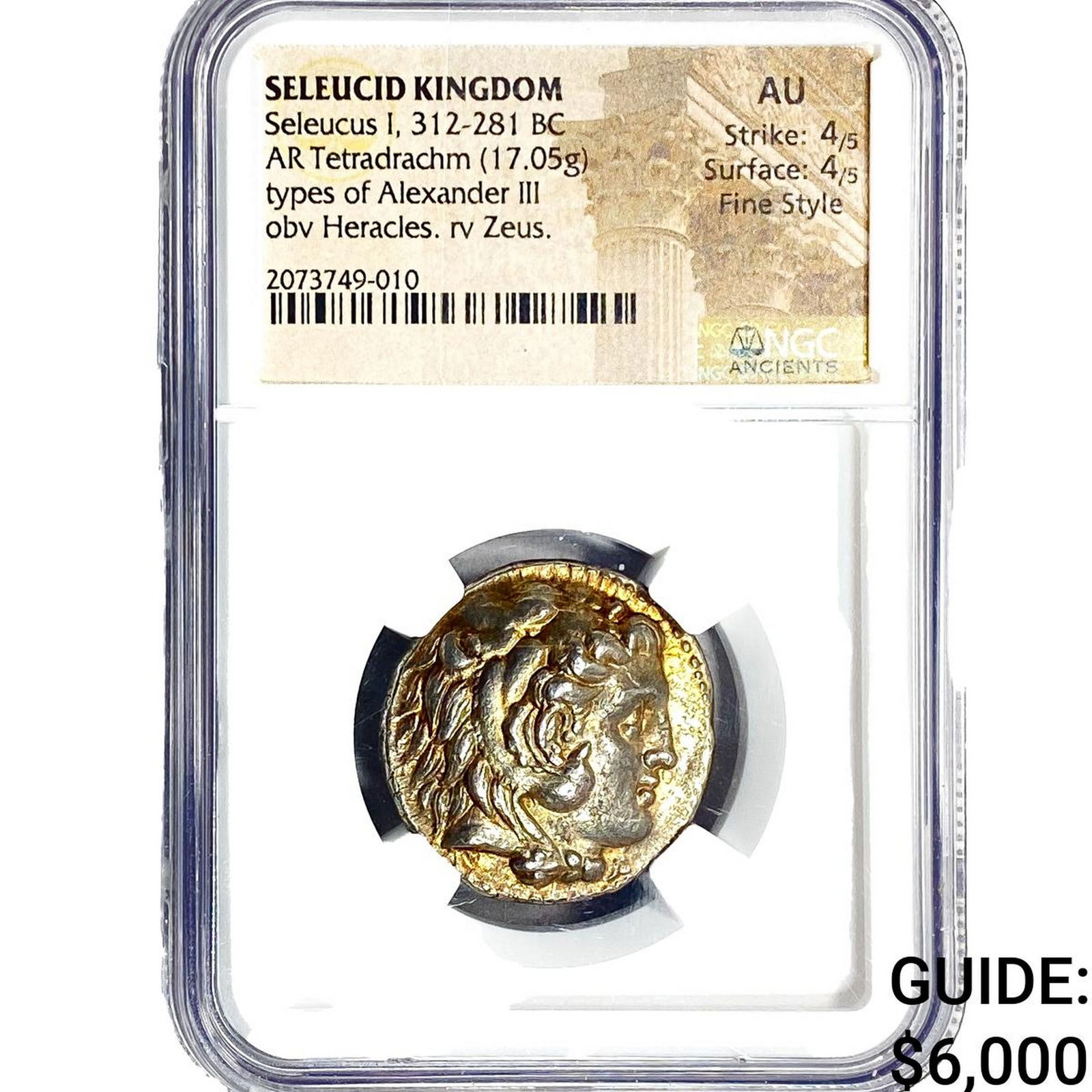 Seleucid Seleucus I,312-281BC Tetradrachm17.05g NGC AU: Seleucid Seleucus I,312-281BC Tetradrachm17.05g NGC AU