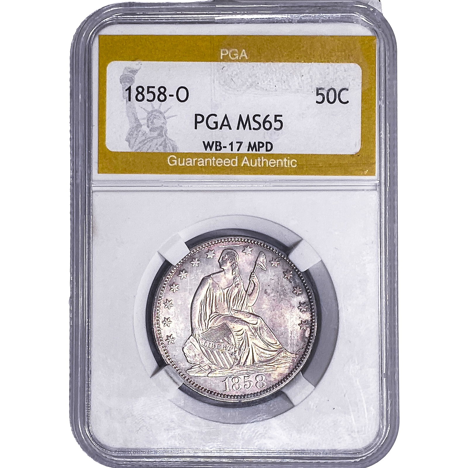 1858-O Seated Liberty Half Dollar PGA MS65: 1858-O Seated Liberty Half Dollar PGA MS65