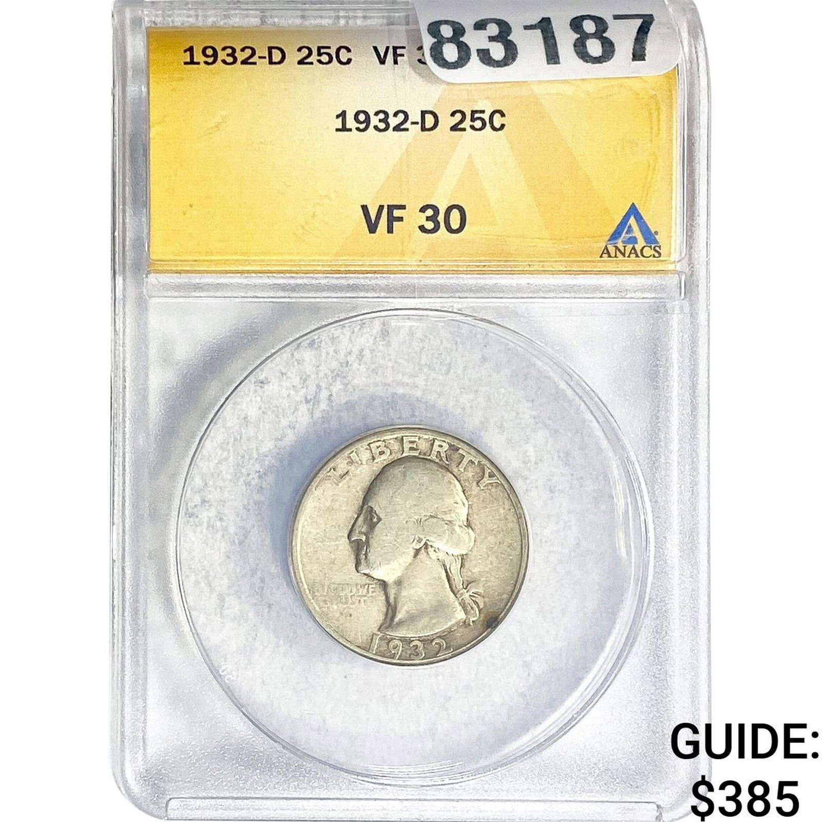 1932-D Washington Silver Quarter ANACS VF30: 1932-D Washington Silver Quarter ANACS VF30